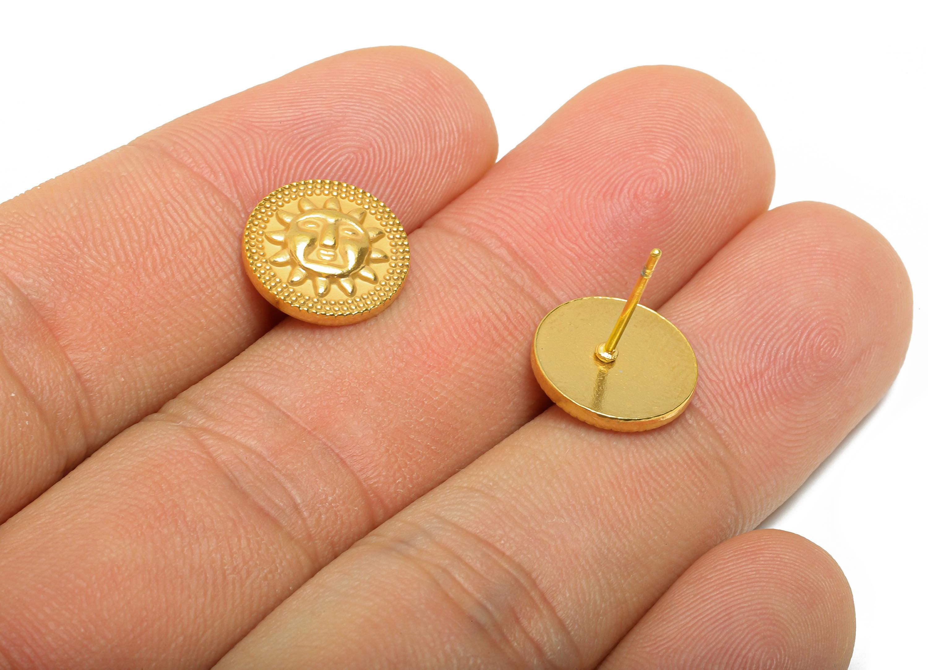 Steel Sun Face Stud Earring - Steel Round Celestial Stud Earrings - Bold Sunburst Earrings - 24K Real Vacuum Plating - 12x12x2.6mm -SS2728G - DOMEDBAZAAR