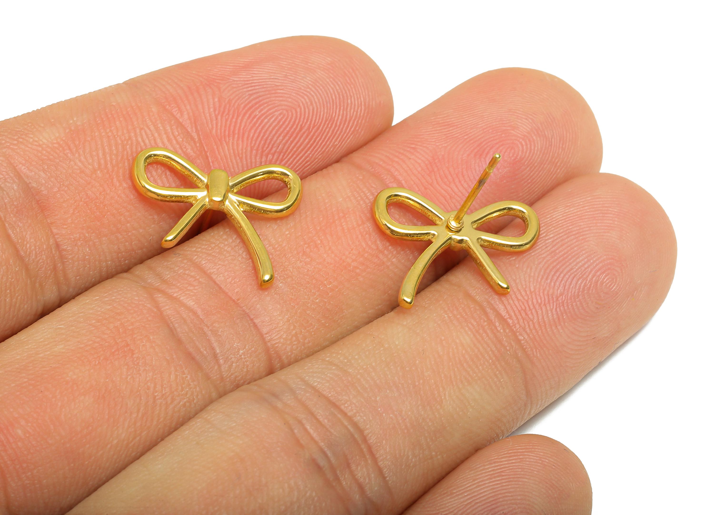 Steel Bow Wire Stud Earring - Steel Butterfly Bow Jewelry - Steel Modern Bow Earring Post - 24K Real Vacuum Plating - 14x17x1.63mm - SS2727G - DOMEDBAZAAR