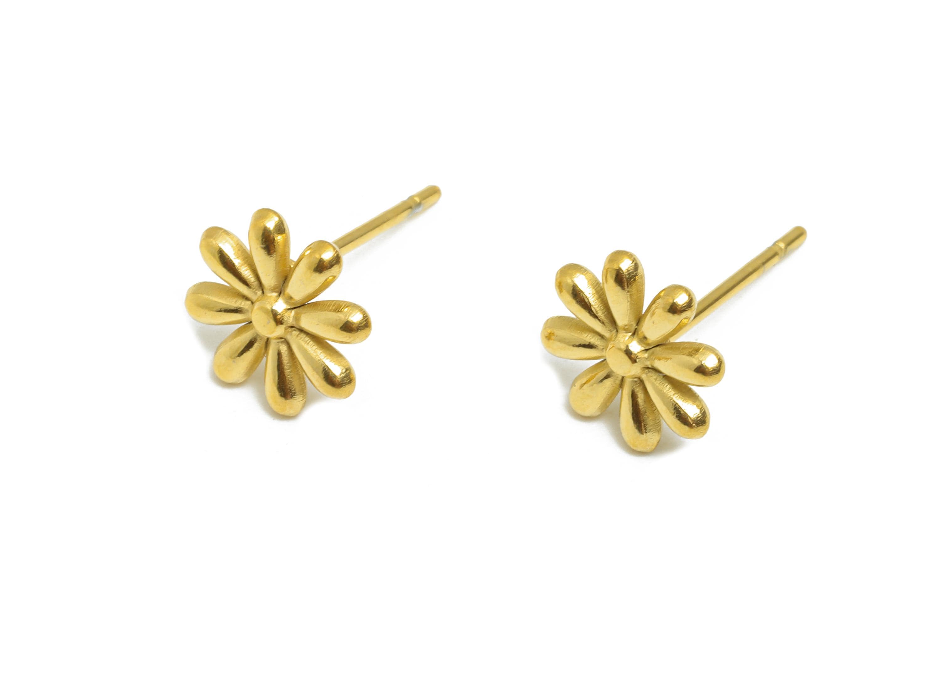 Steel Floral Stud Earring - Steel Flower Daisy Stud Earrings - Botanical Steel Earring Post - 24K Real Vacuum Plating - 9x9x1.6mm - SS2721G - DOMEDBAZAAR