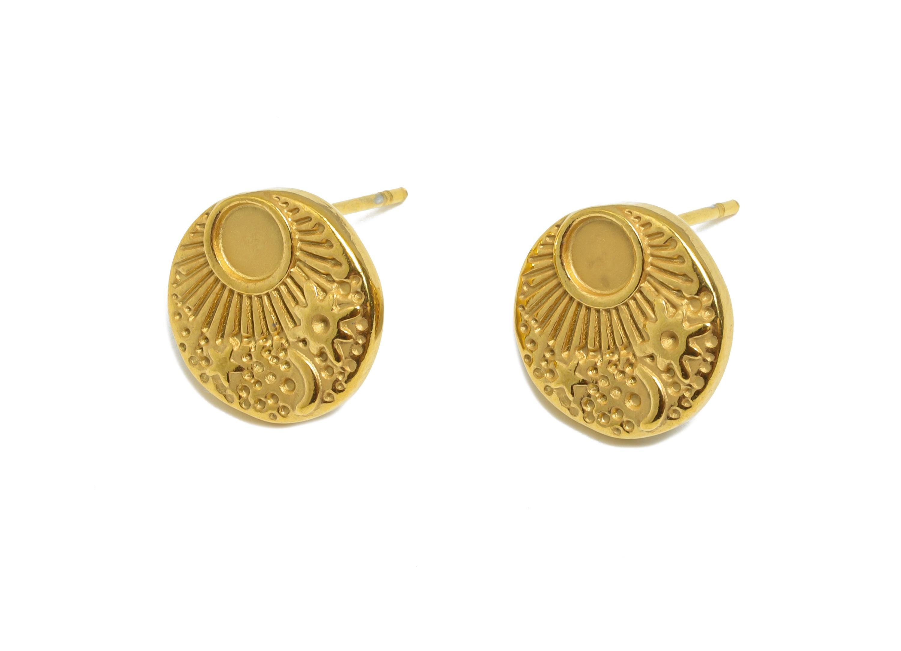 Steel Sun Stud Earring - Steel Crescent Earring For DIY Bead - Steel Celestial Stud Earring - 24K Real Vacuum Plating - 12x12x1mm - SS2730G - DOMEDBAZAAR