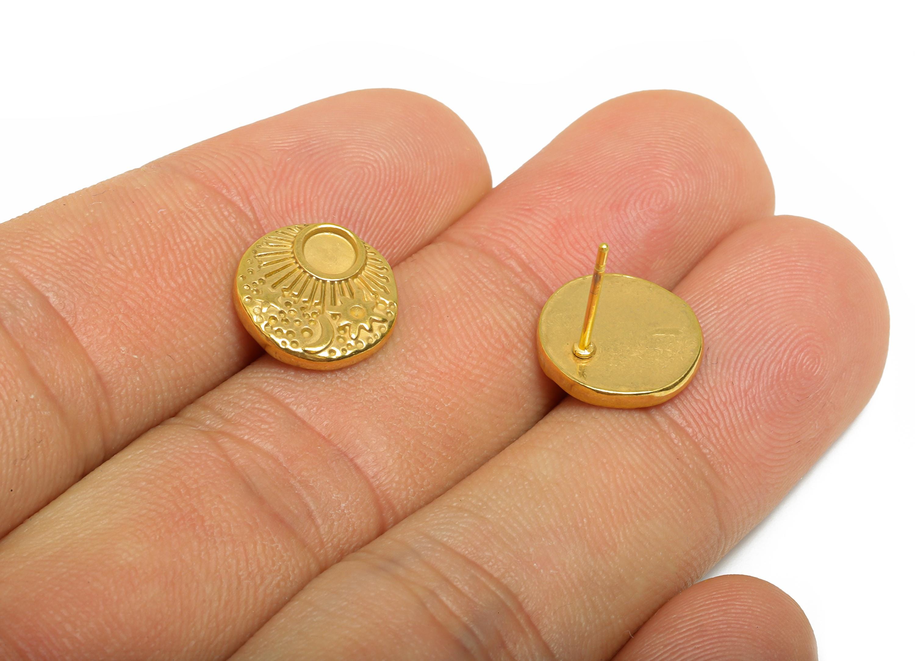 Steel Sun Stud Earring - Steel Crescent Earring For DIY Bead - Steel Celestial Stud Earring - 24K Real Vacuum Plating - 12x12x1mm - SS2730G - DOMEDBAZAAR