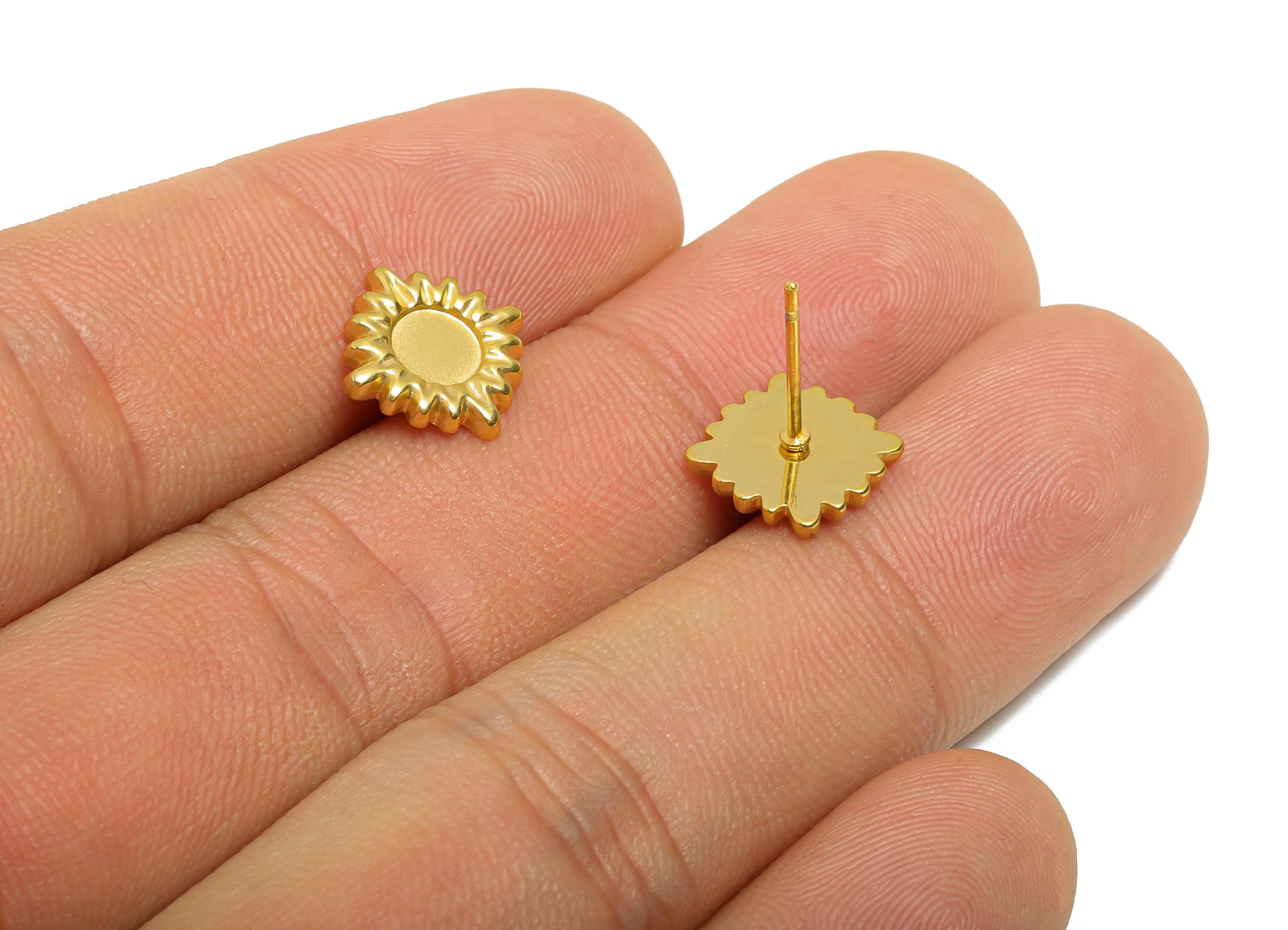 Steel Sun Stud Earring - Steel Sunshine Earring For DIY Bead - Steel Celestial Stud Earring - 24K Real Vacuum Plating - 12x12x1mm - SS2717G - DOMEDBAZAAR