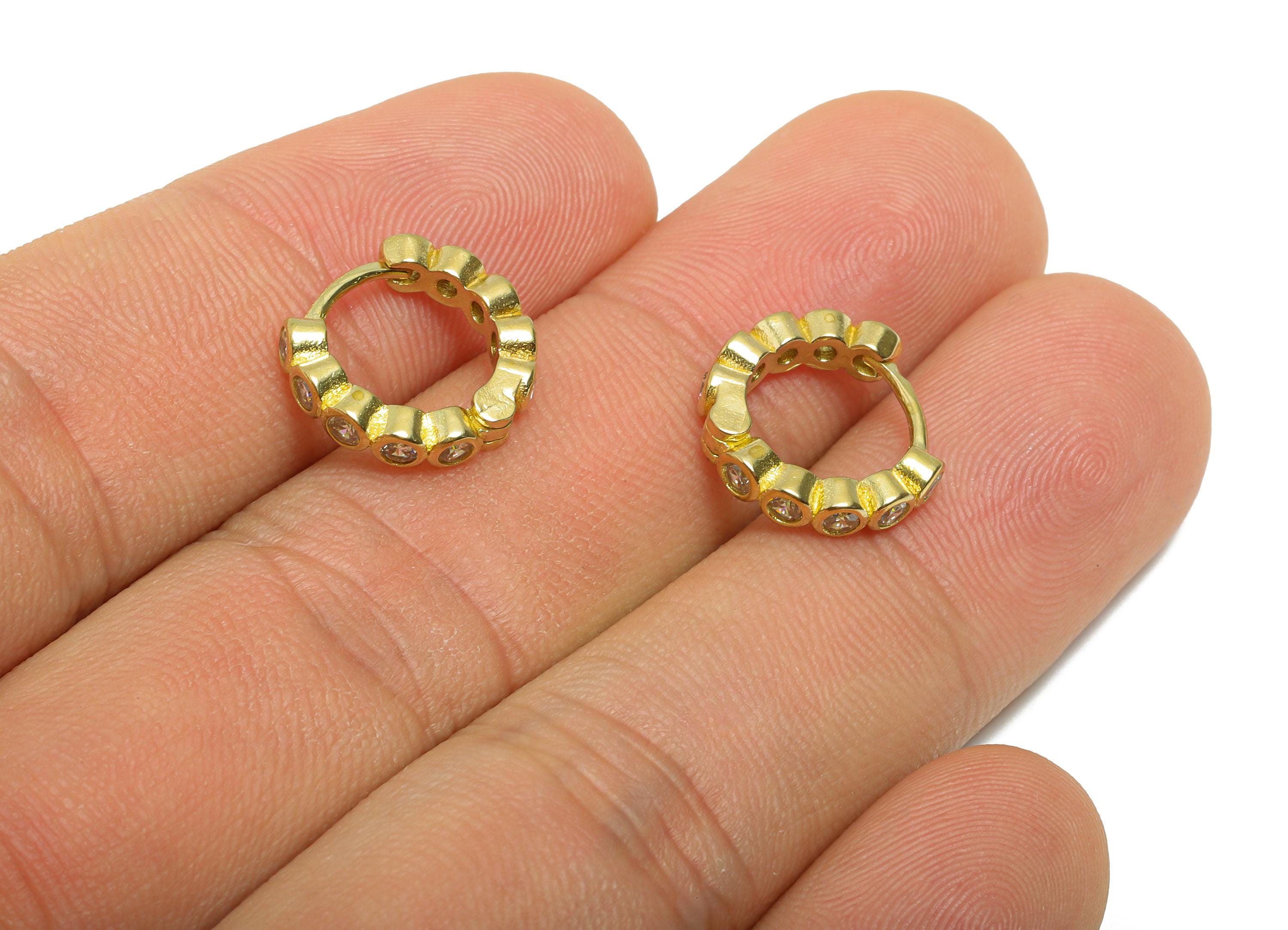 Brass CZ Huggie Hoop Earrings - Raw Brass Cubic Zircon Earrings - Dainty Beaded Huggie Hoop Clasp - Everyday Wear - 13.6x12x3mm - PP11362 - DOMEDBAZAAR