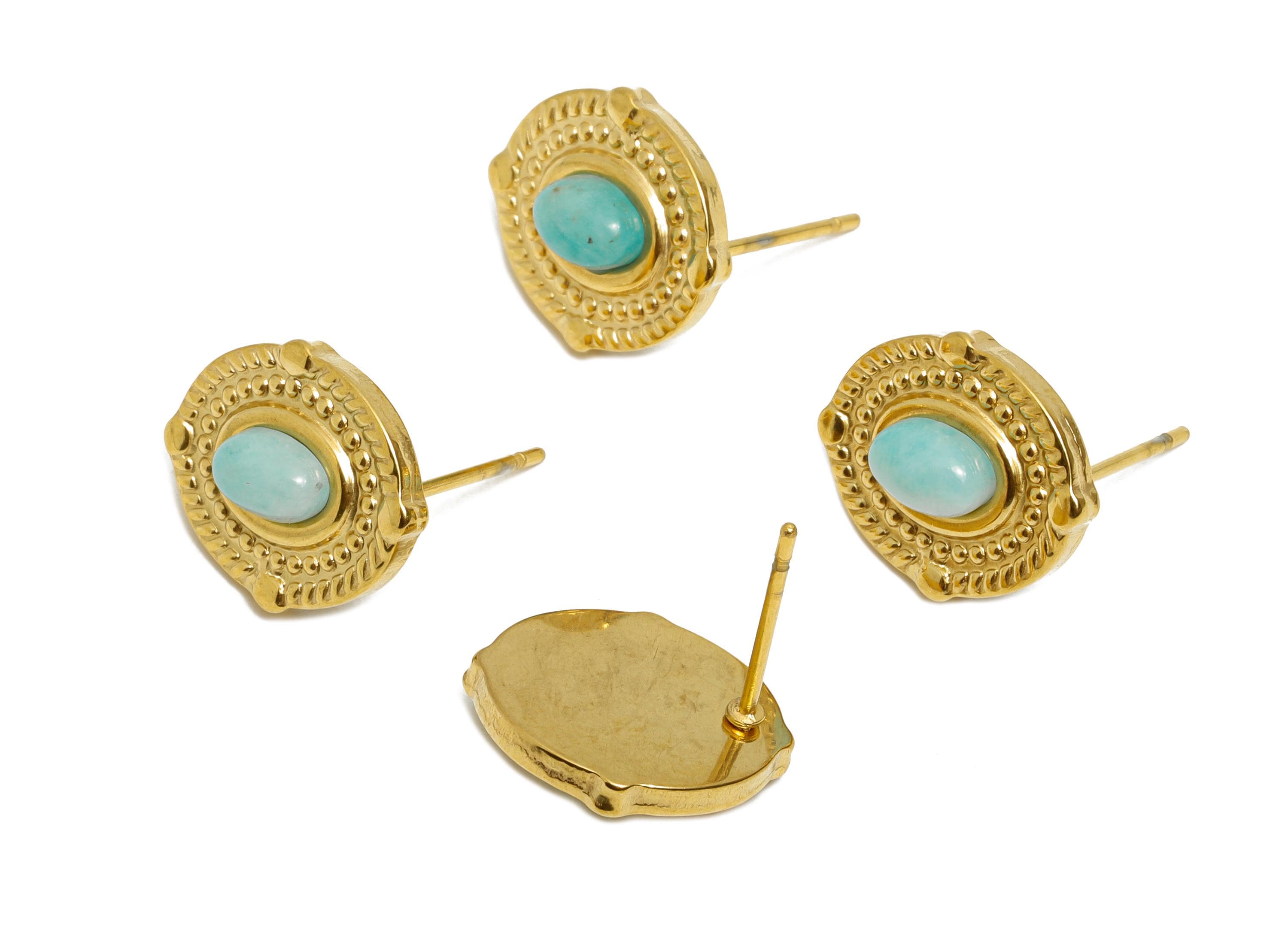 Steel Aventurine Stone Stud Earring - Vintage Look Stud Earring - Antique Cabochon Earring - 24K Real Vacuum Plating - 15.1x126x4mm - SS2780 - DOMEDBAZAAR