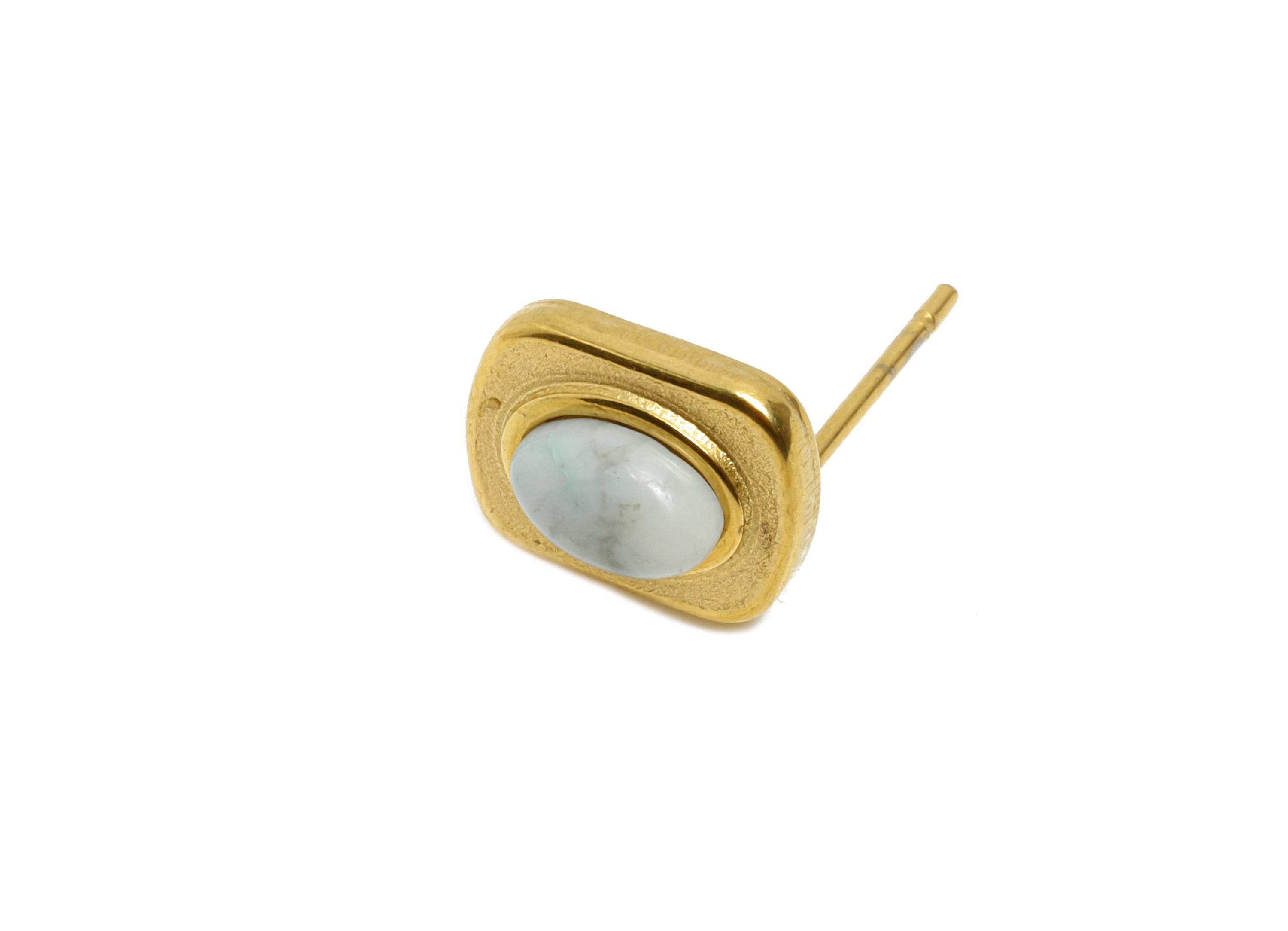 Steel Aquamarine Morganite Stone Earring - Vintage Stud Earring - Antique Cabochon Earring - 24K Real Vacuum Plating - 10.88x8x4mm - SS2781 - DOMEDBAZAAR