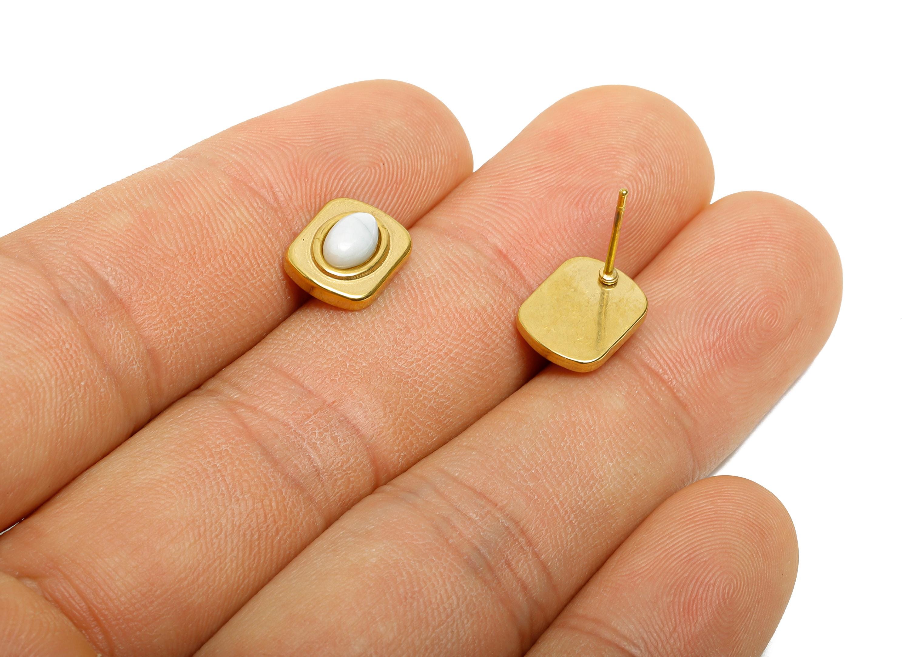 Steel Aquamarine Morganite Stone Earring - Vintage Stud Earring - Antique Cabochon Earring - 24K Real Vacuum Plating - 10.88x8x4mm - SS2781 - DOMEDBAZAAR