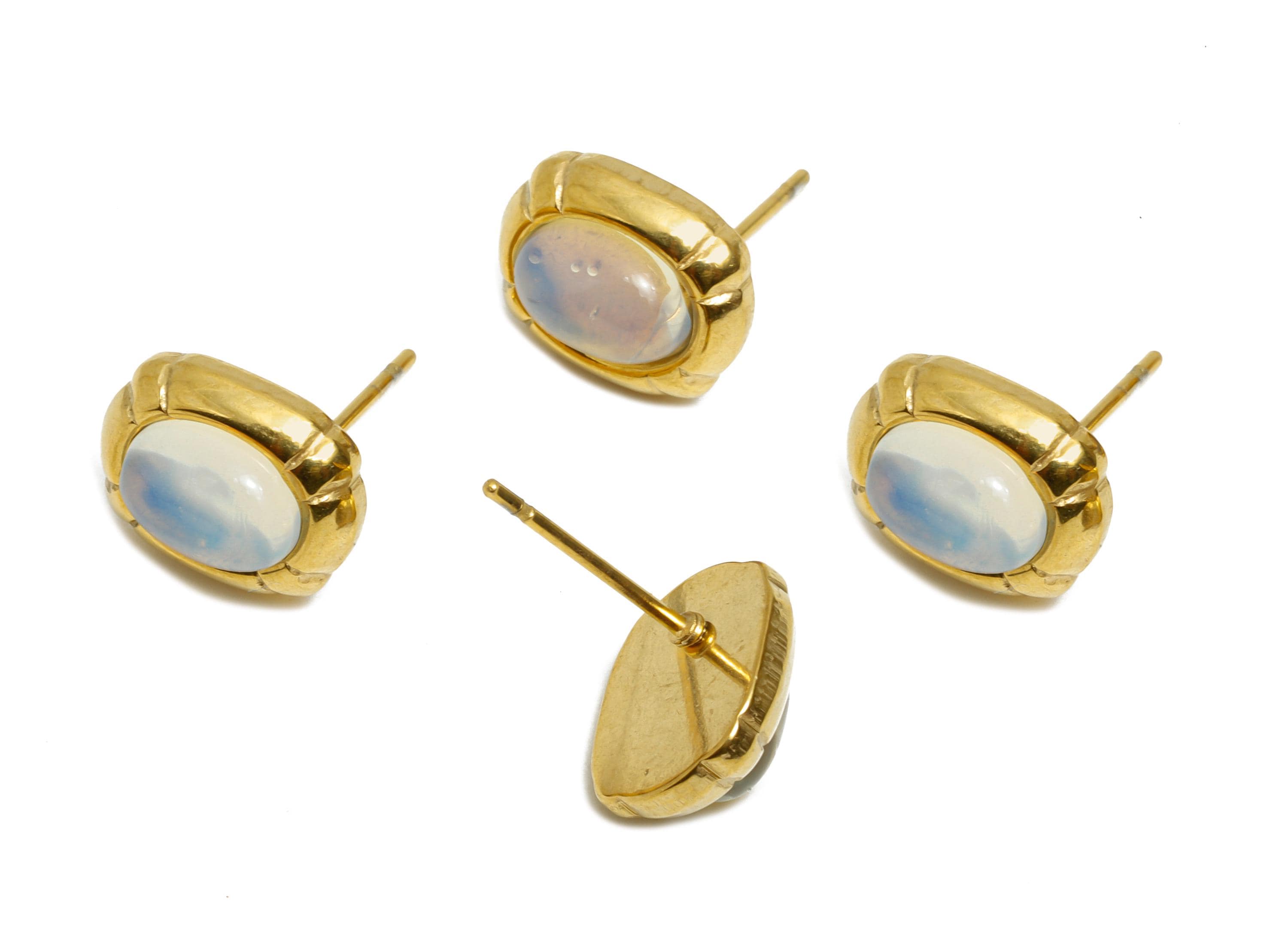 Steel Opalite Stone Stud Earring - Vintage Stud Earring - Antique Look Cabochon Earring - 24K Real Vacuum Plating - 11.88x9x5.87mm - SS2777 - DOMEDBAZAAR