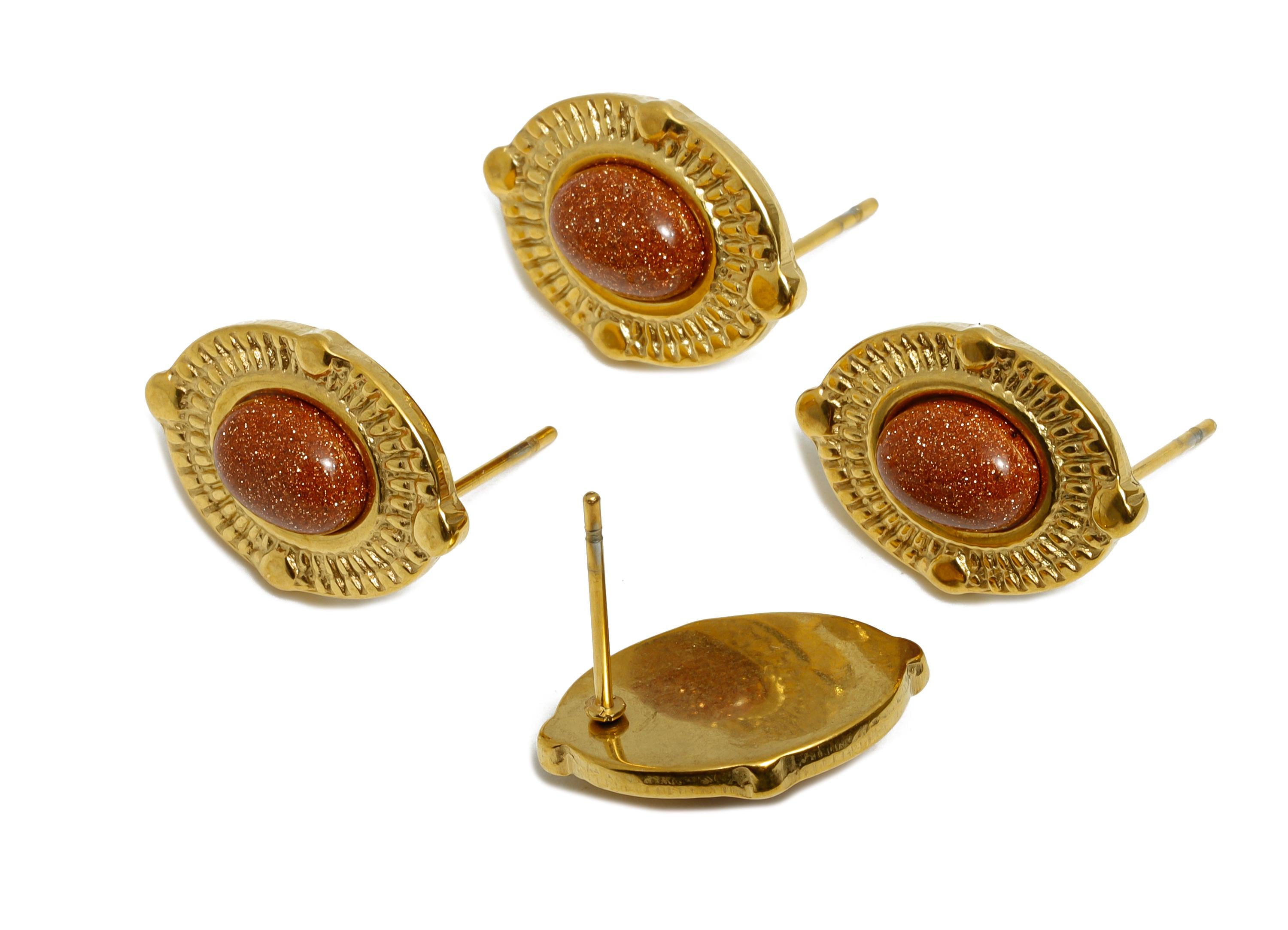 Steel Glid Stone Stud Earring - Vintage Look Stud Earring - Antique Style Cabochon Earring - 24K Real Vacuum Plating - 18x13x4mm - SS2776 - DOMEDBAZAAR