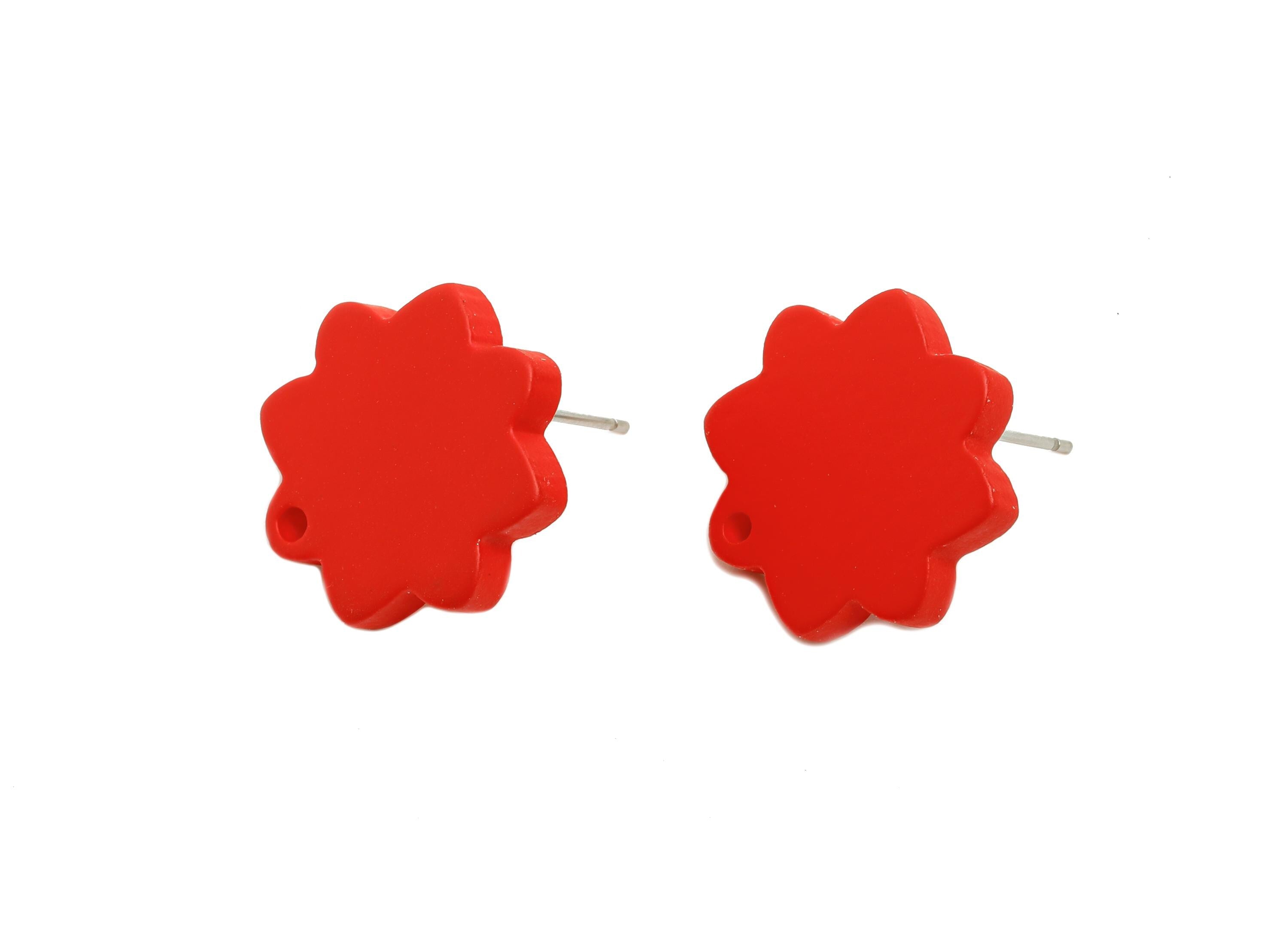 Acrylic Red Flower Earring Stud - Minimalist Matte Earring Stud With Hole - DIY Earring Base - Color Code: A1054 -14x14x2mm -AC3641-A1054 - DOMEDBAZAAR