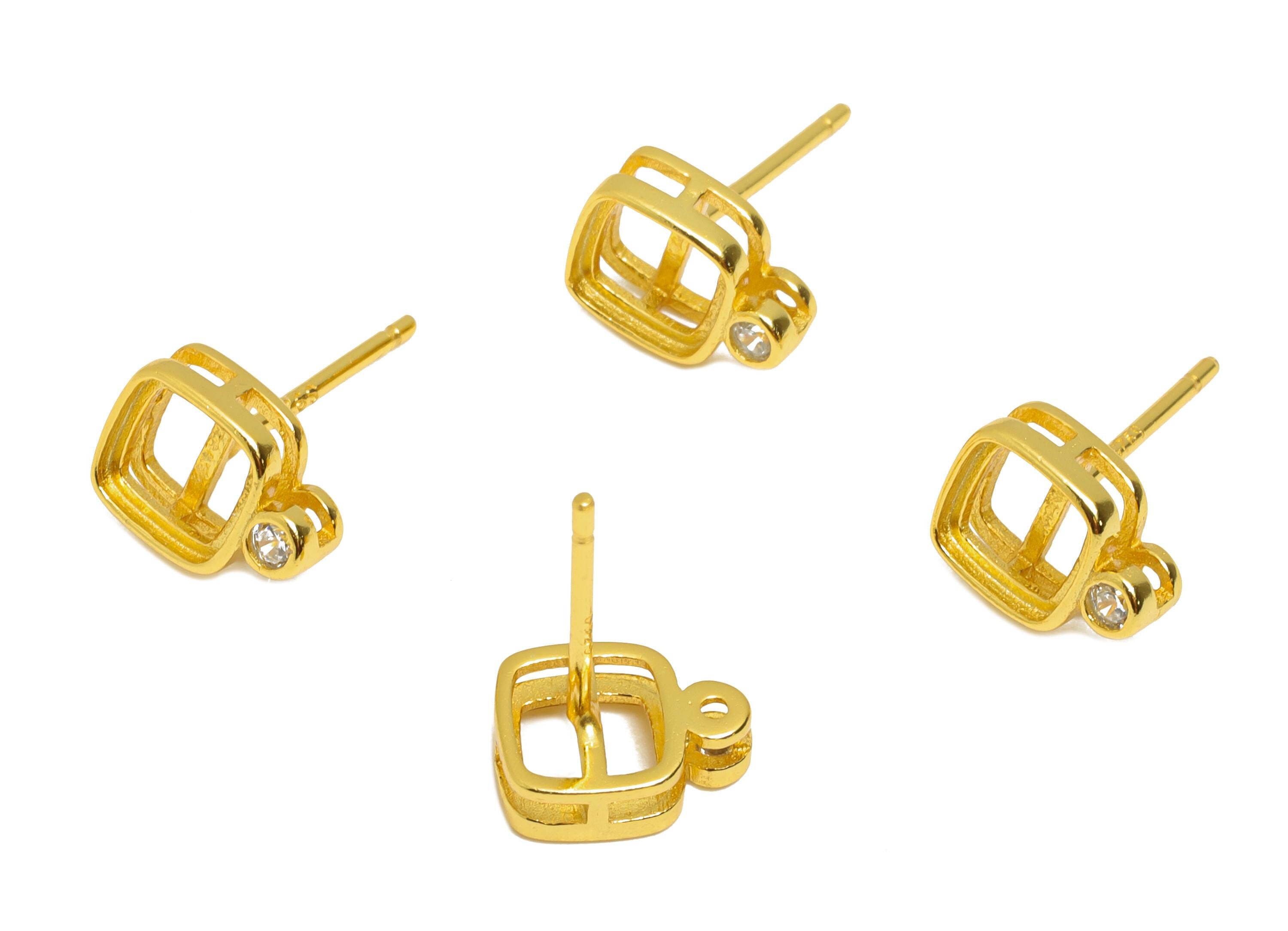 5*5mm Square Earring Setting Post - 925 Sterling Silver Stud with Zircon - Geometric Earring Post for Diamond - 18K Real Gold Plated -SI1055