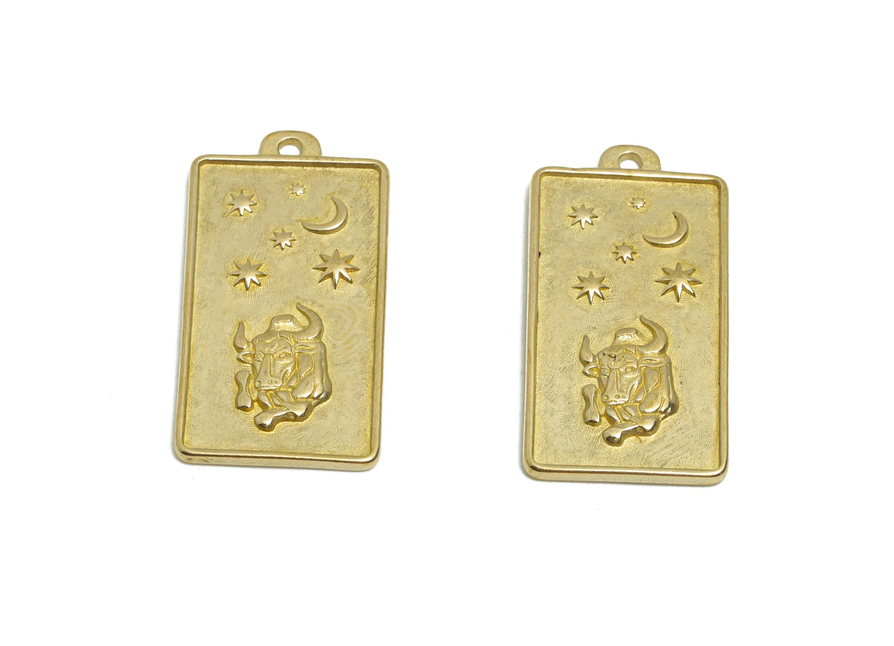 Taurus Zodiac Rectangle Charm - Raw Brass Horoscopes Necklace Pendant - Astrology Good Lucky Charm - Jewelry Making - 24x12x1mm - PP11418 - DOMEDBAZAAR
