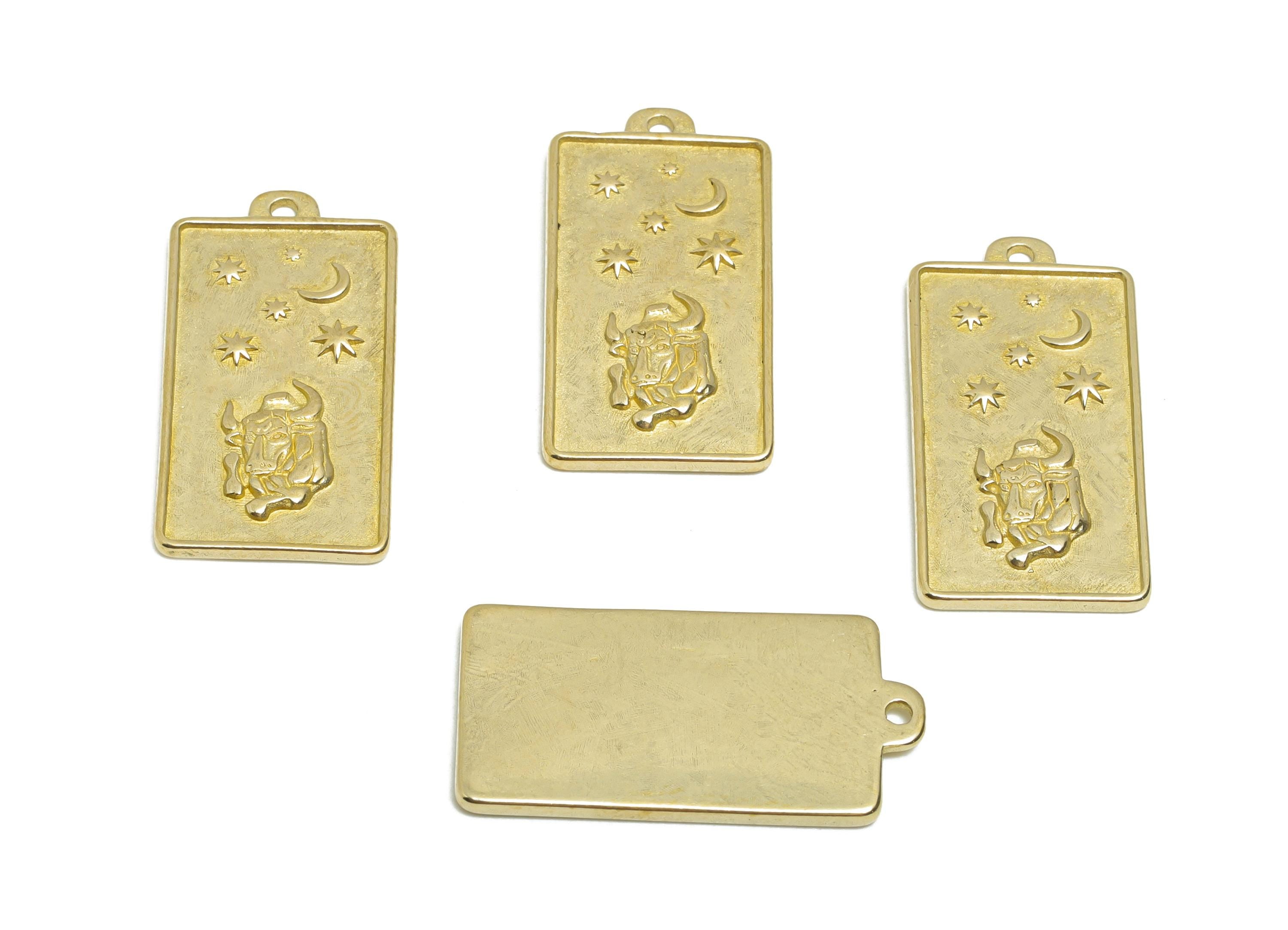 Taurus Zodiac Rectangle Charm - Raw Brass Horoscopes Necklace Pendant - Astrology Good Lucky Charm - Jewelry Making - 24x12x1mm - PP11418 - DOMEDBAZAAR