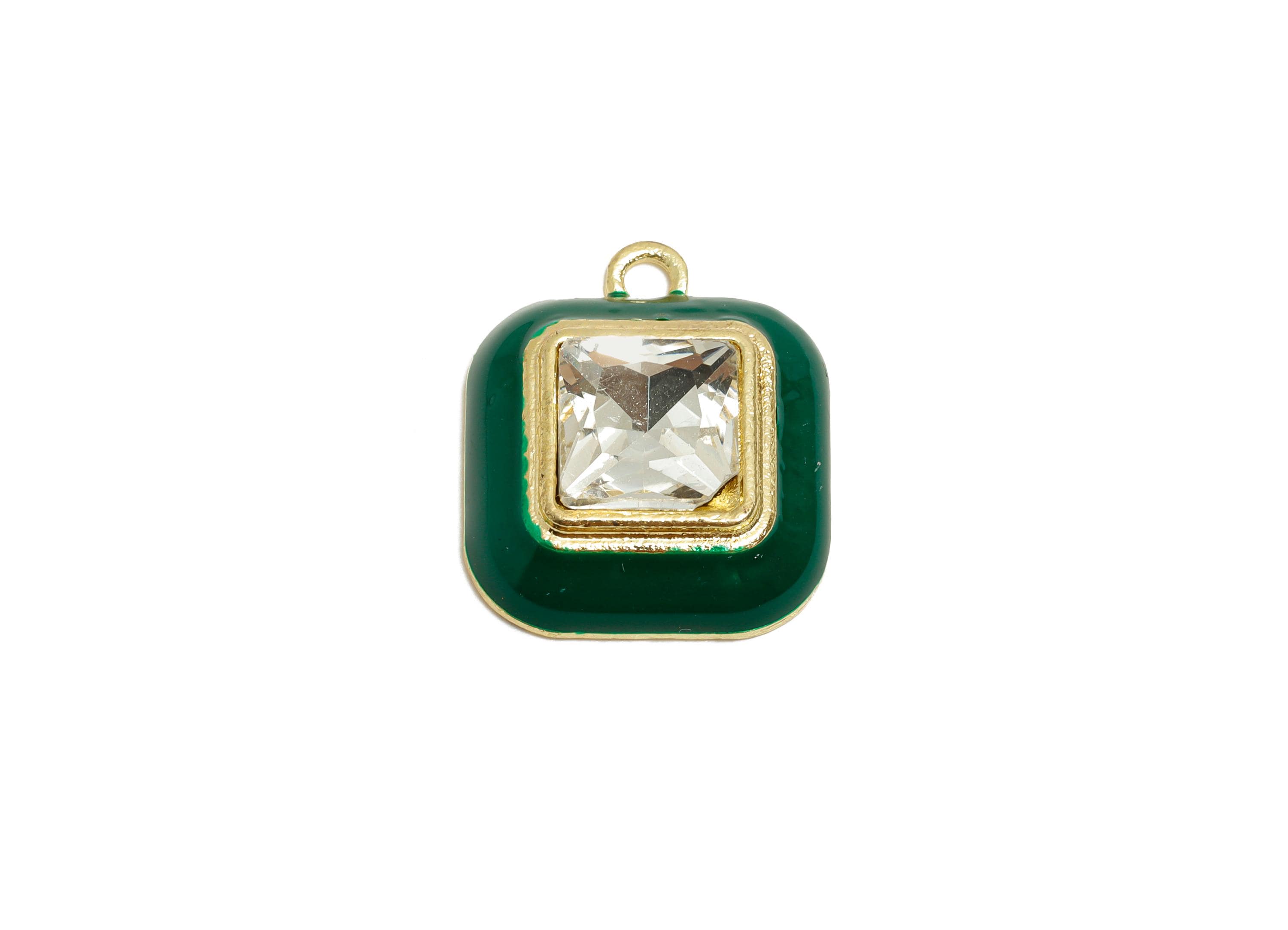 Alloy Square Green Enamel Pendant - Shinny Fashion Faceted Crystal Pendant - DIY Jewelry Supply - KC Gold Plated - 20x16.9x6.84mm - AC3544H - DOMEDBAZAAR