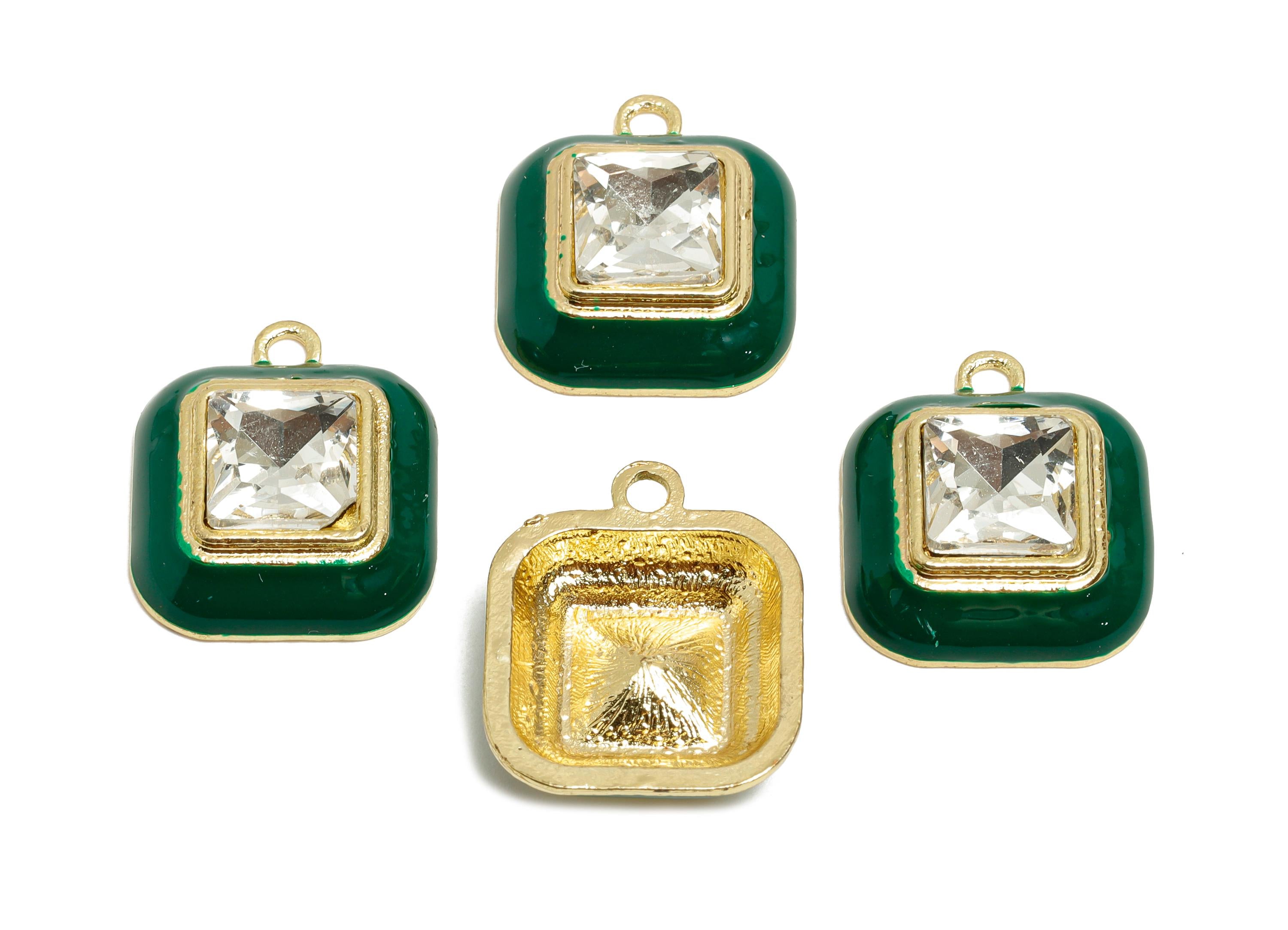 Alloy Square Green Enamel Pendant - Shinny Fashion Faceted Crystal Pendant - DIY Jewelry Supply - KC Gold Plated - 20x16.9x6.84mm - AC3544H - DOMEDBAZAAR