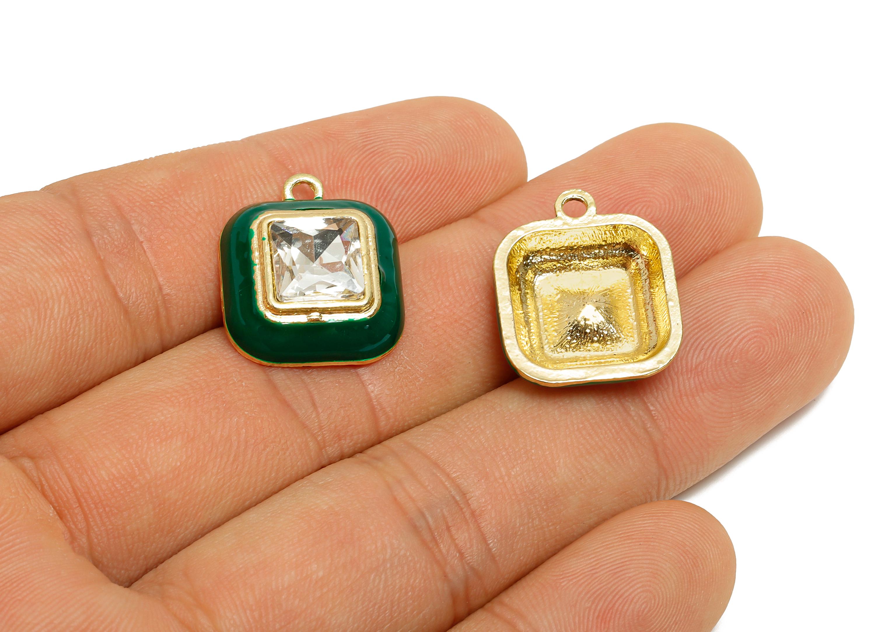 Alloy Square Green Enamel Pendant - Shinny Fashion Faceted Crystal Pendant - DIY Jewelry Supply - KC Gold Plated - 20x16.9x6.84mm - AC3544H - DOMEDBAZAAR