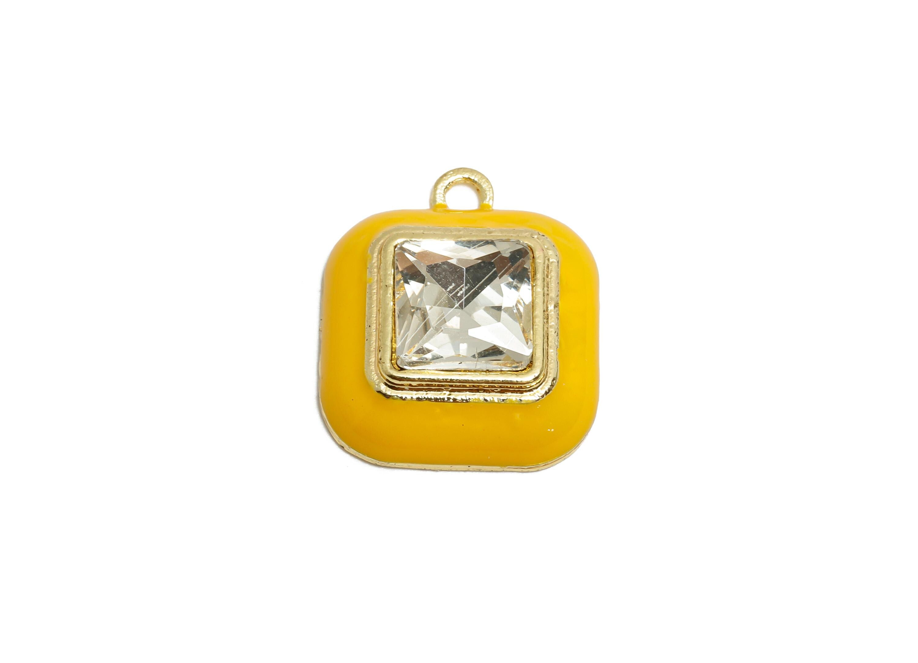 Alloy Square Yellow Enamel Pendant - Fashion Faceted Crystal Pendant - DIY Jewelry Supplies - KC Gold Tone Plated - 20x16.9x6.84mm - AC3544J - DOMEDBAZAAR