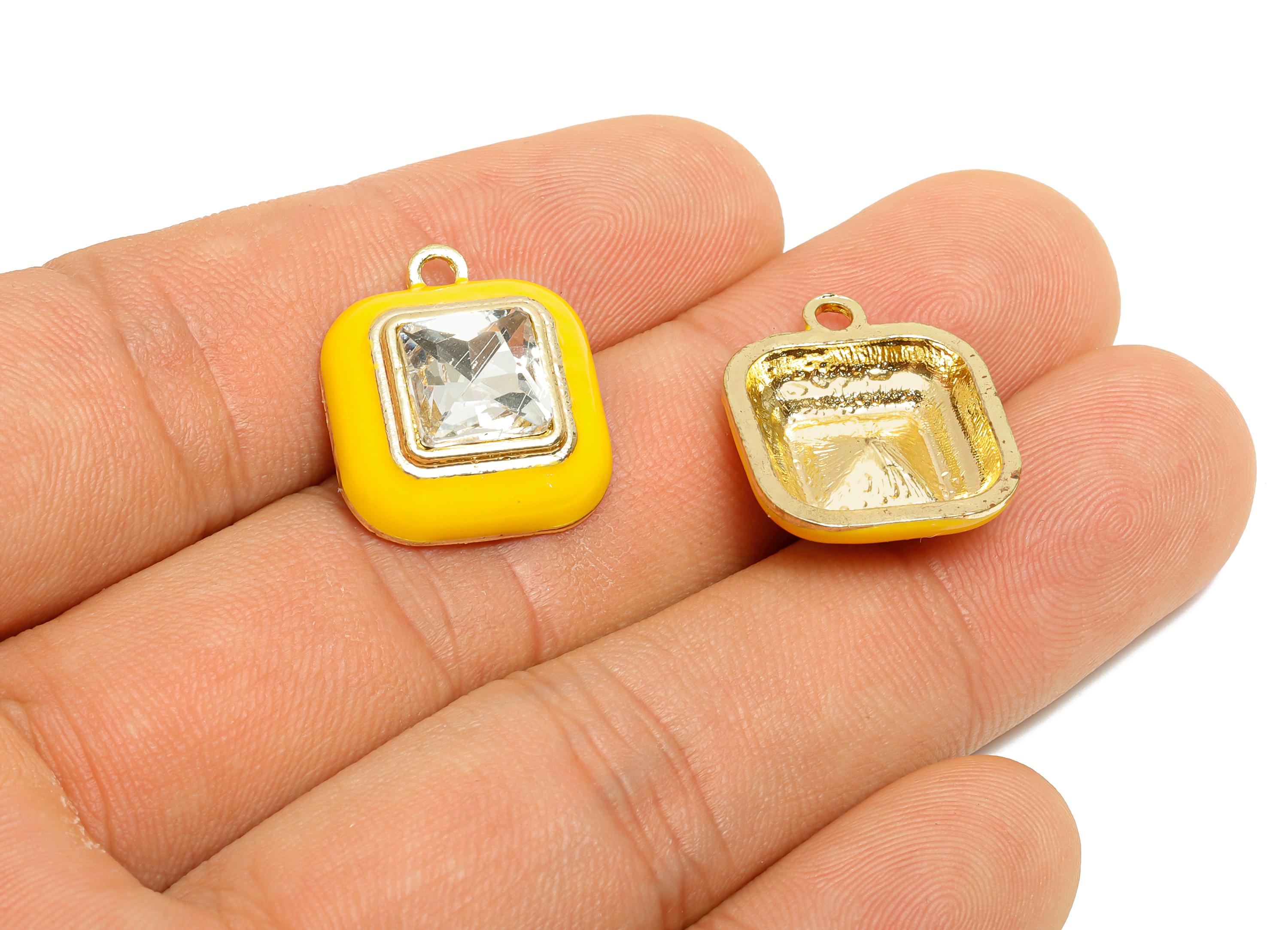 Alloy Square Yellow Enamel Pendant - Fashion Faceted Crystal Pendant - DIY Jewelry Supplies - KC Gold Tone Plated - 20x16.9x6.84mm - AC3544J - DOMEDBAZAAR