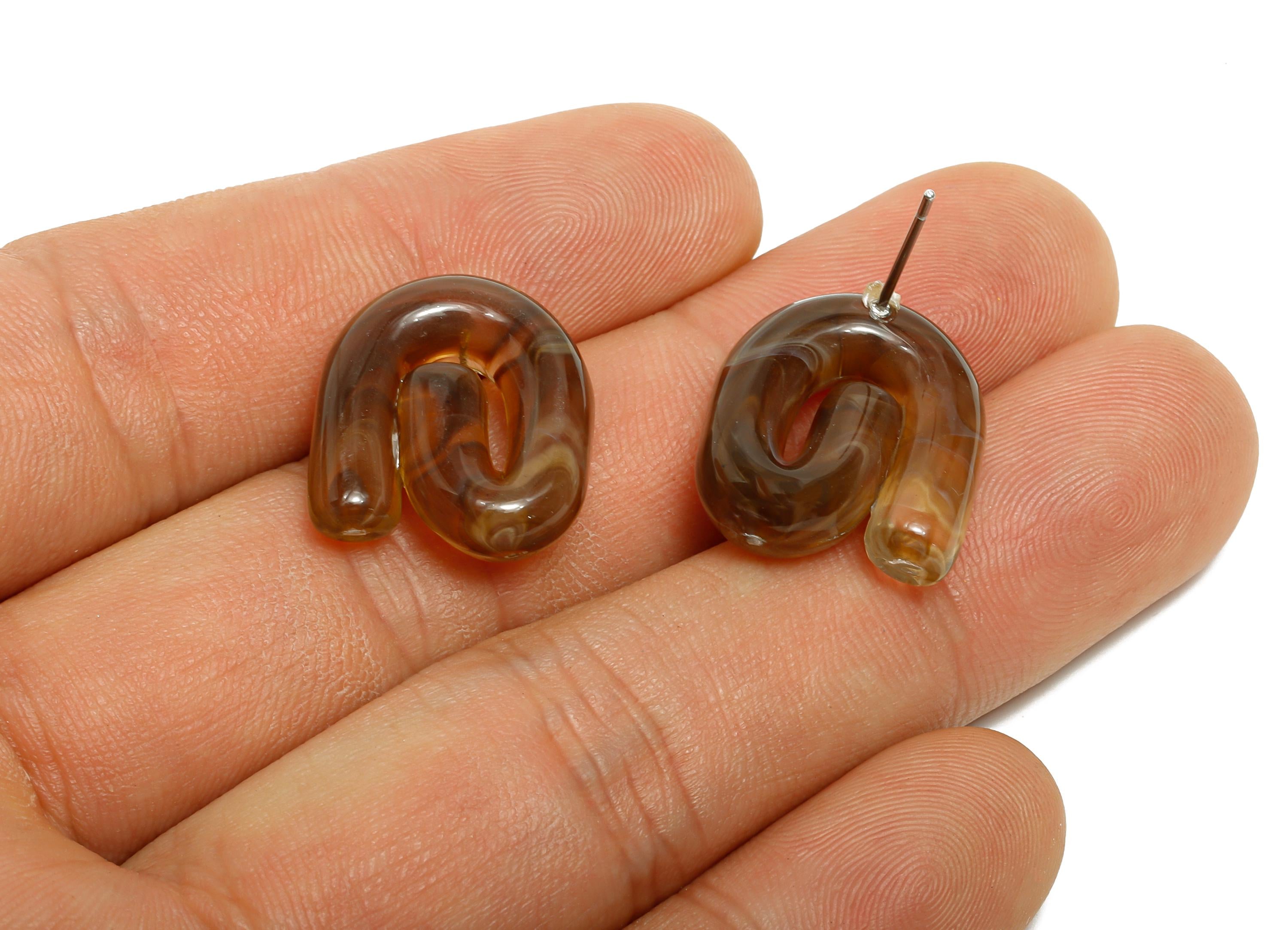Acrylic Swirl Hoop Earring Stud - Lightweight Marbled Brown Earring Post - Modern Earring Stud - Bold Modern Jewelry - 19x16x5mm - AC3640D - DOMEDBAZAAR