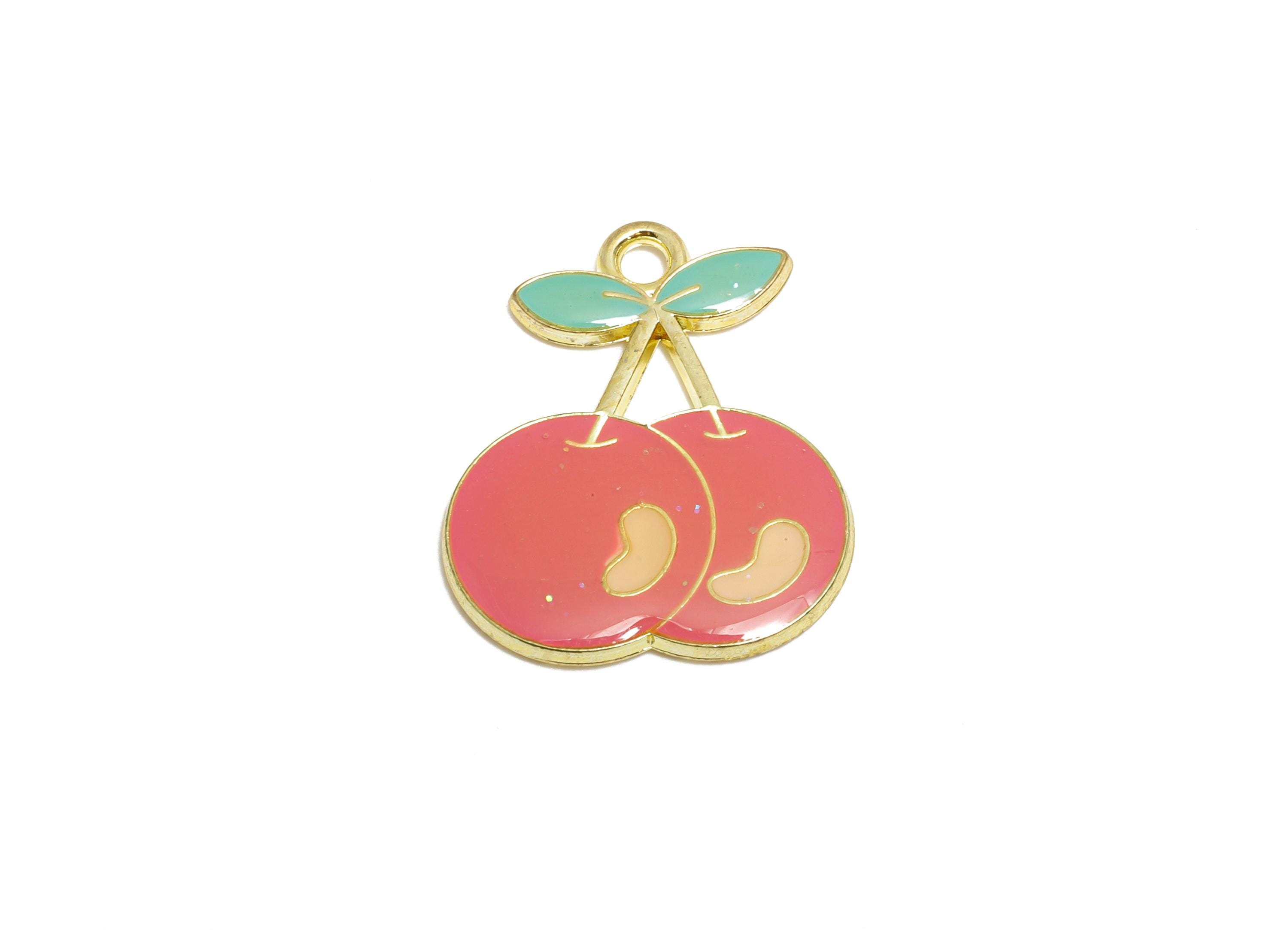 Alloy Pink Enamel Cherry Pendant - Colorful Kawaii Jewelry Accessory - Enamel Fruit Accessory - Craft Jewelry Making - 10x8x4.94mm - AC3580C
