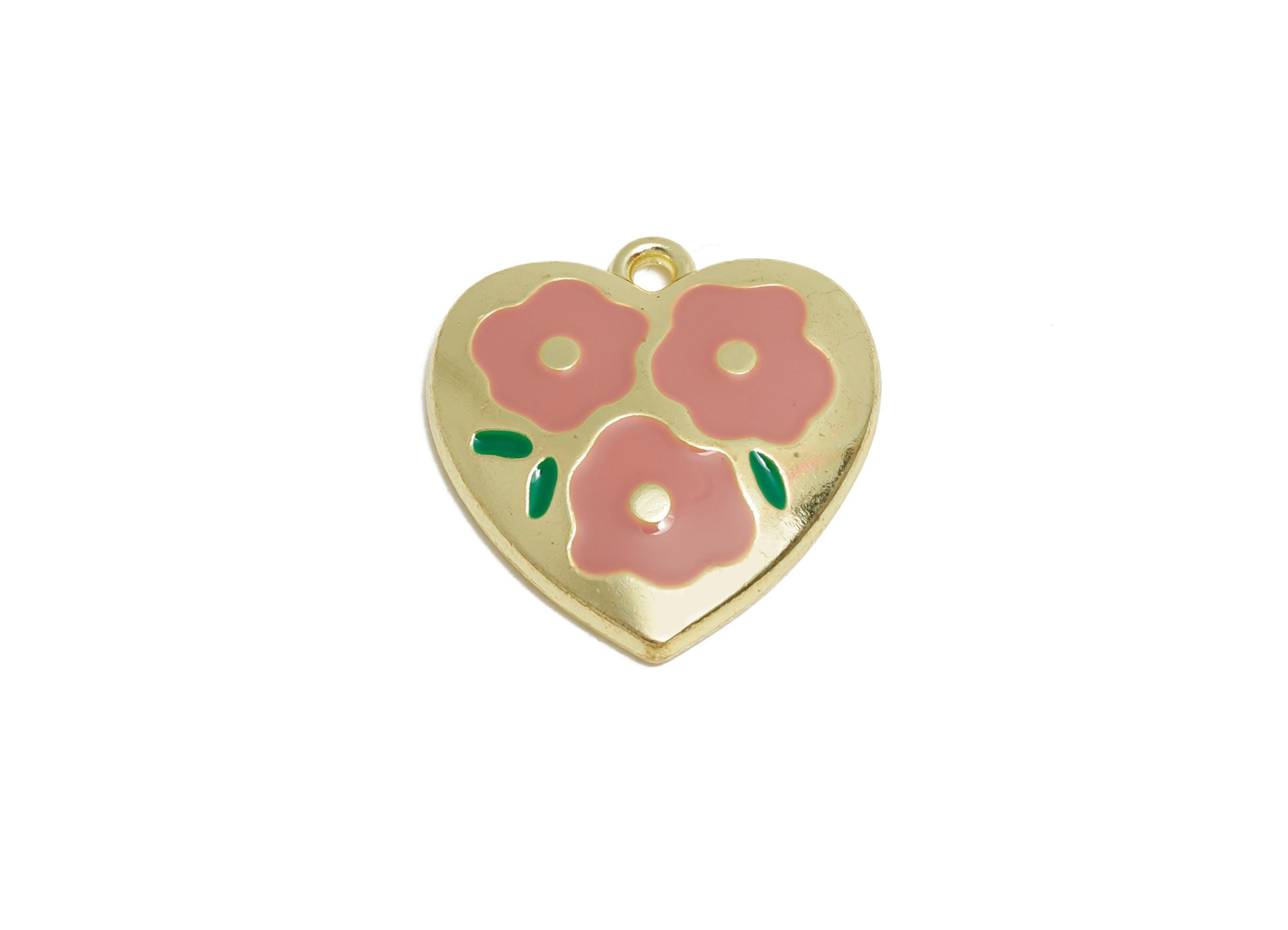 Alloy Enamel Flower Pendant - Colorful Heart Pink Floral Jewelry - Romantic Heart Pendant - Craft Jewelry Making - 19x18x3.32mm - AC3577B