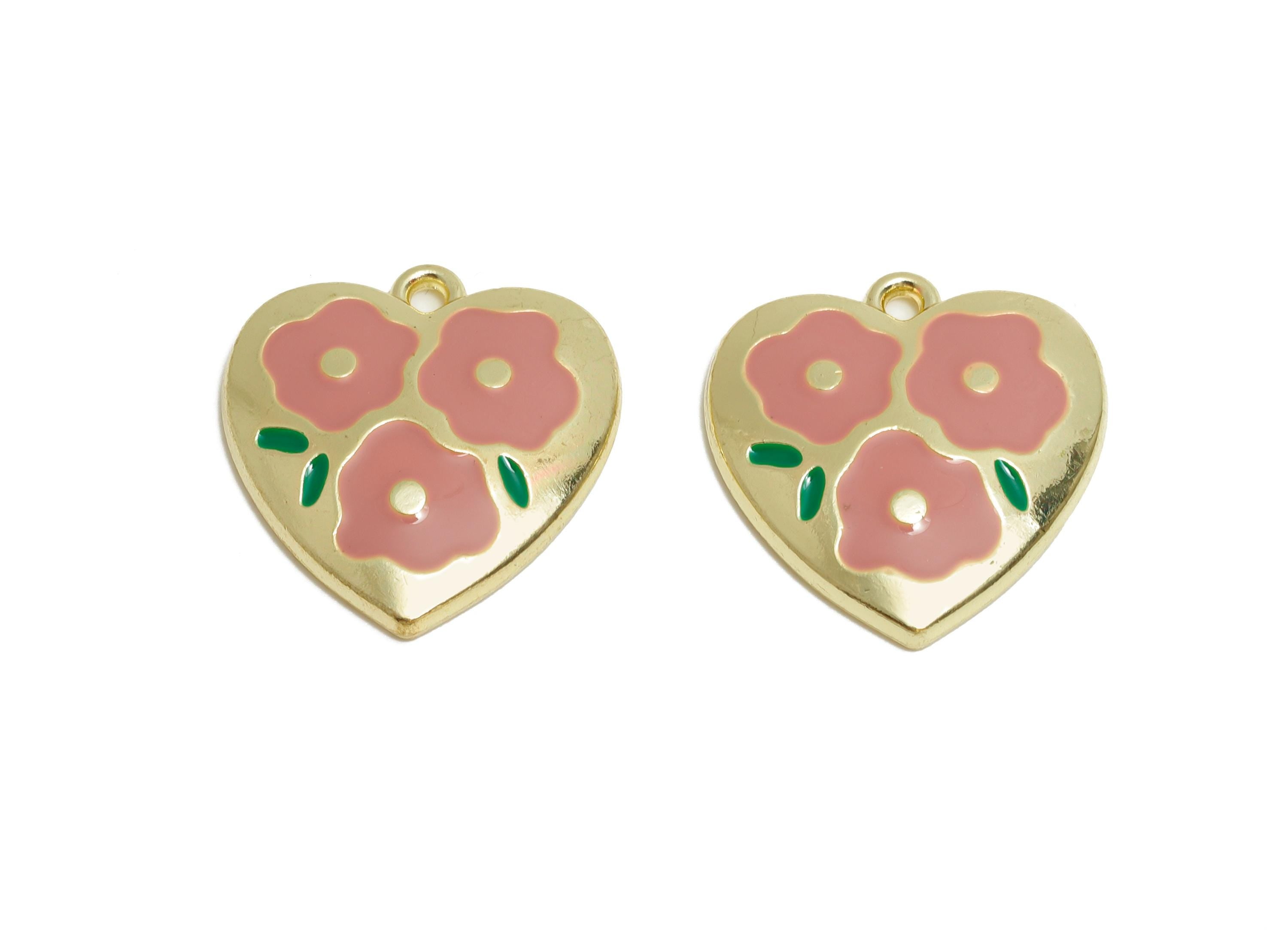 Alloy Enamel Flower Pendant - Colorful Heart Pink Floral Jewelry - Romantic Heart Pendant - Craft Jewelry Making - 19x18x3.32mm - AC3577B