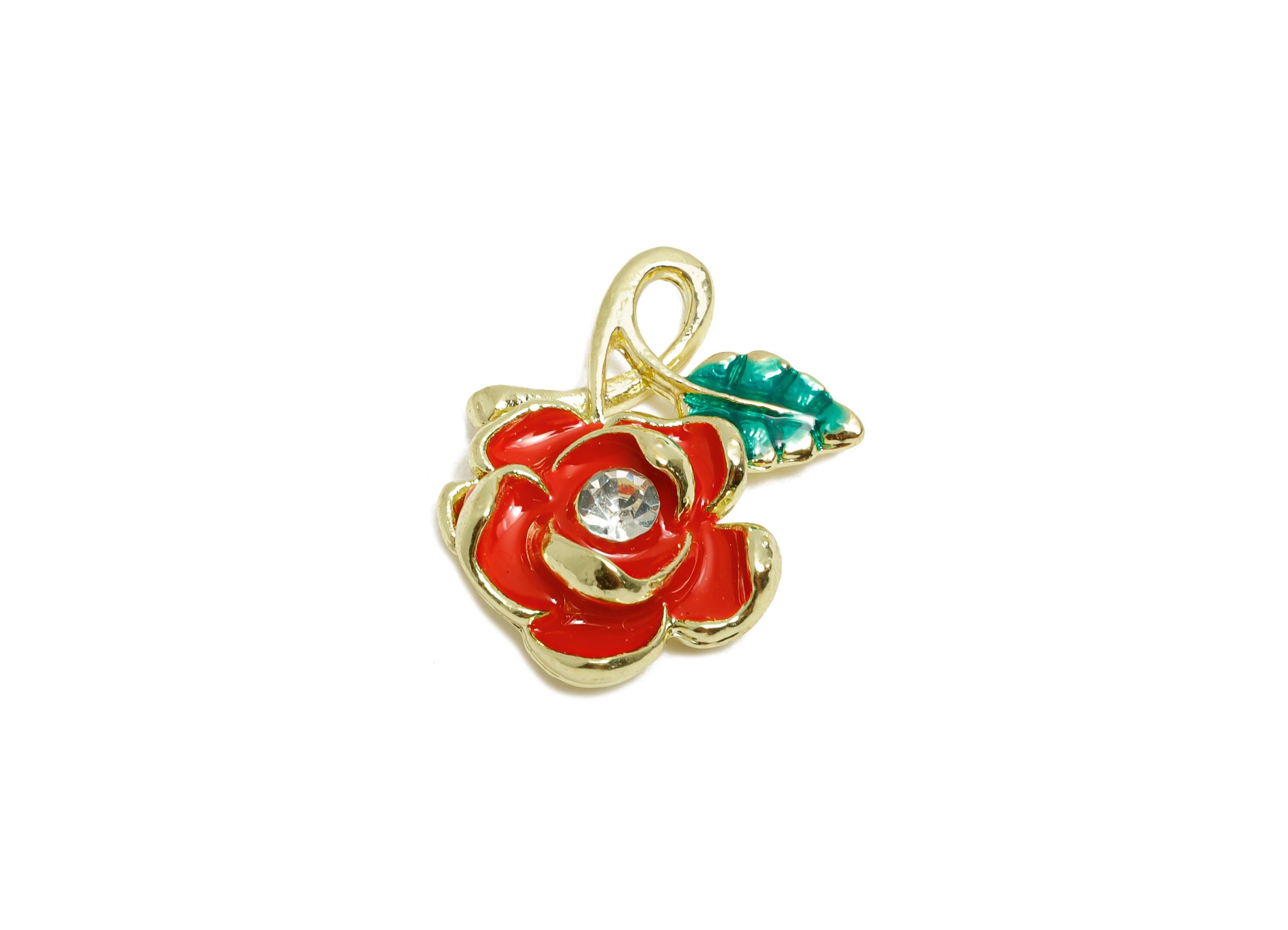 Alloy Enamel Flower Pendant - Vintage Crystal Red Rose Charm - Romantic DIY Rose Jewelry - Craft Jewelry Making - 18x14.36x5.17mm - AC3572