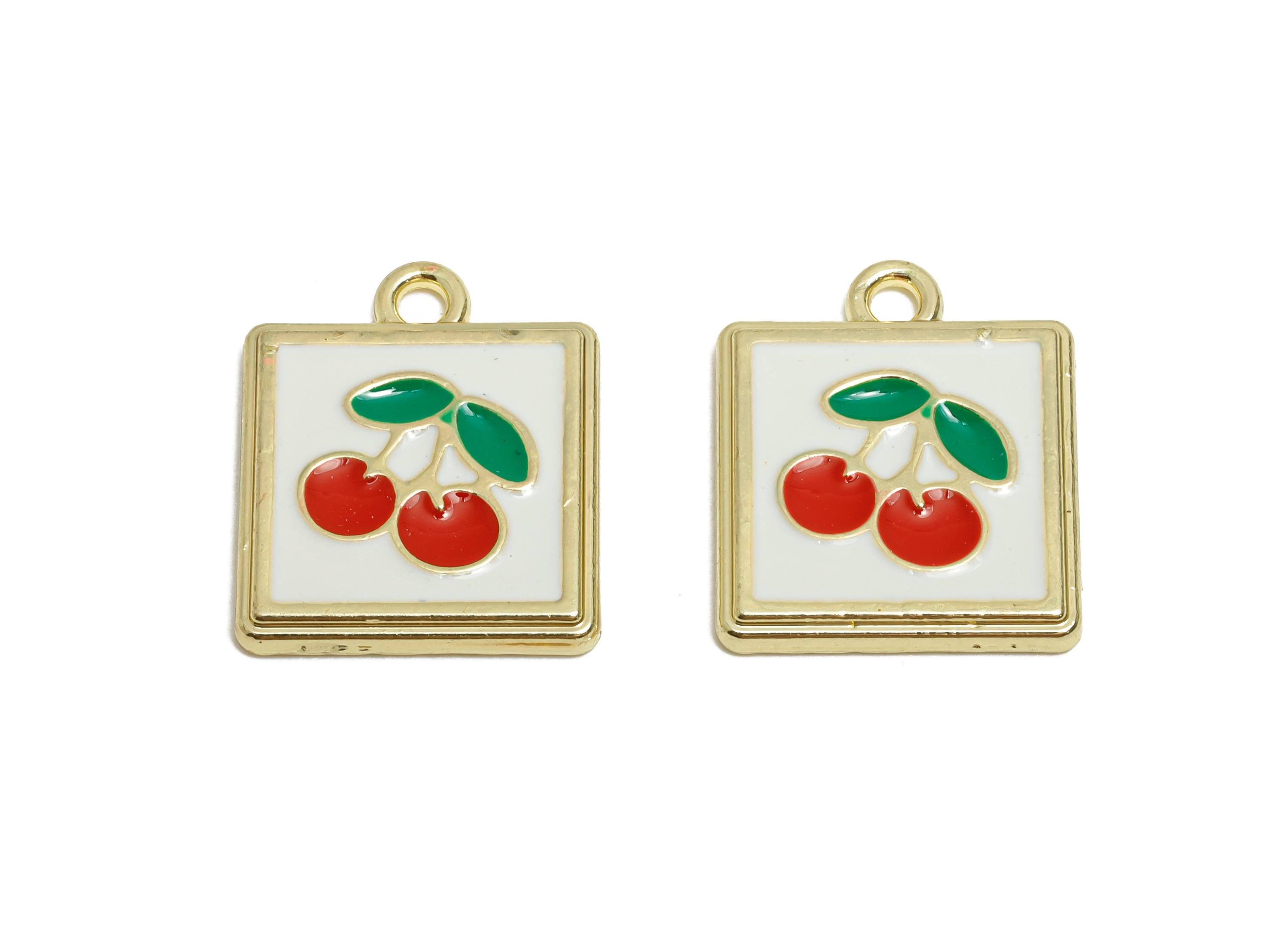 Alloy Cherry Square Charm - Cute Enamel Fruit Pendant - Enamel Jewelry Accessory - Metal Craft Supply - KC Gold Plated - 18x15x2mm - AC3573