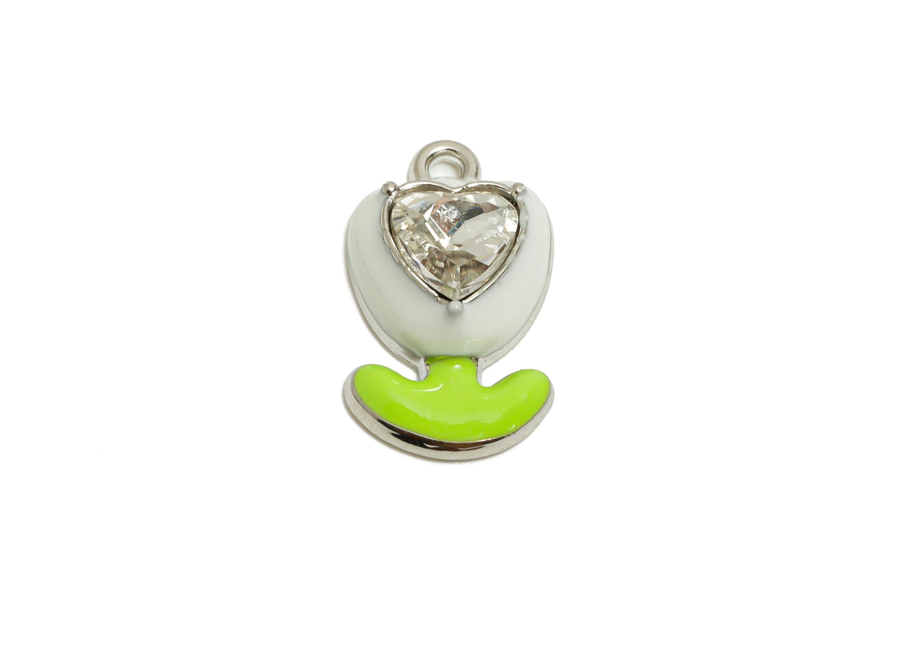 Alloy Heart Crystal Flower Charm - White Enamel Flower Pendant - Modern Kawaii Flower - Trendy Craft Jewelry Making - 17.43x9x5mm - AC3563