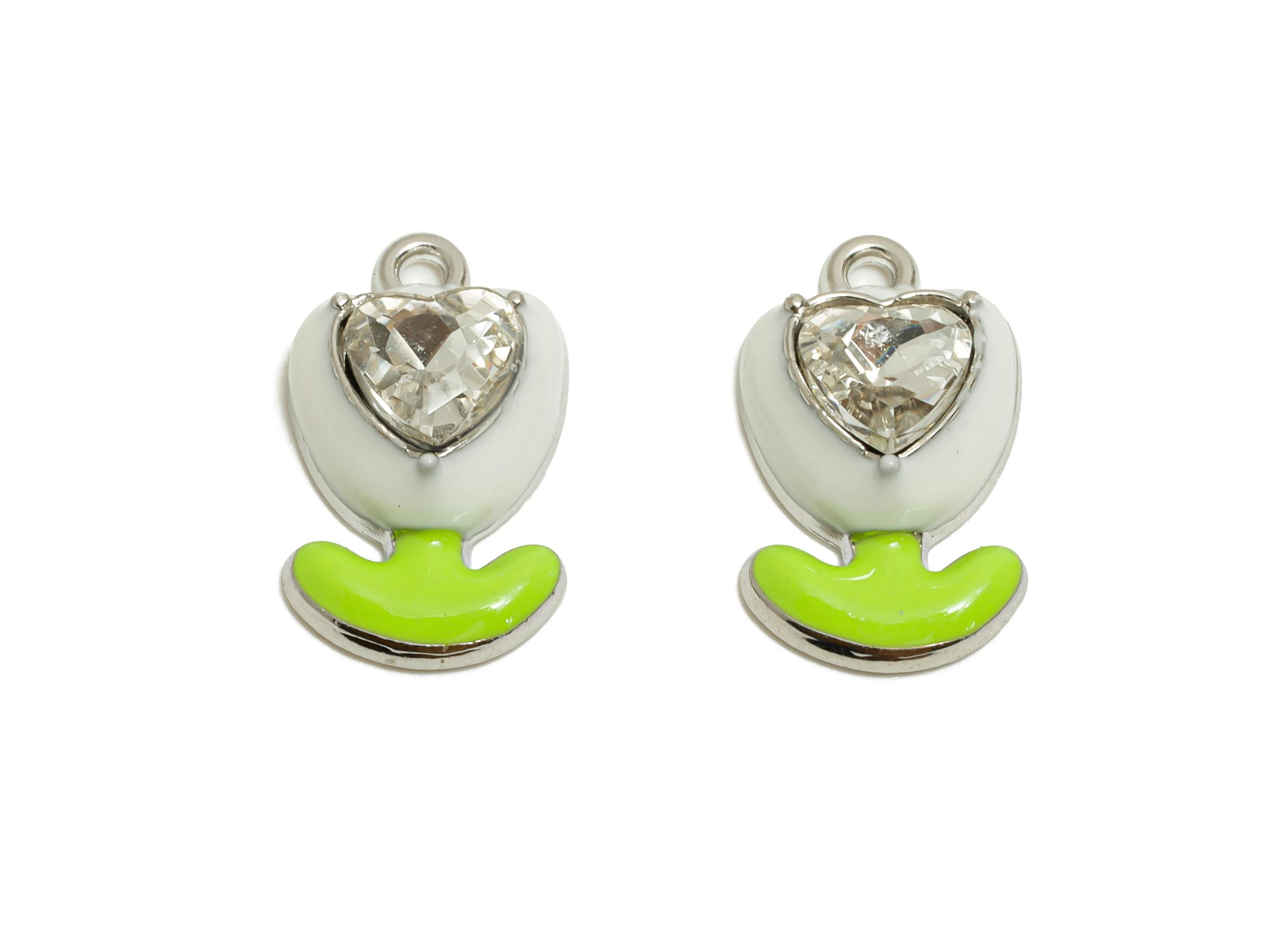 Alloy Heart Crystal Flower Charm - White Enamel Flower Pendant - Modern Kawaii Flower - Trendy Craft Jewelry Making - 17.43x9x5mm - AC3563