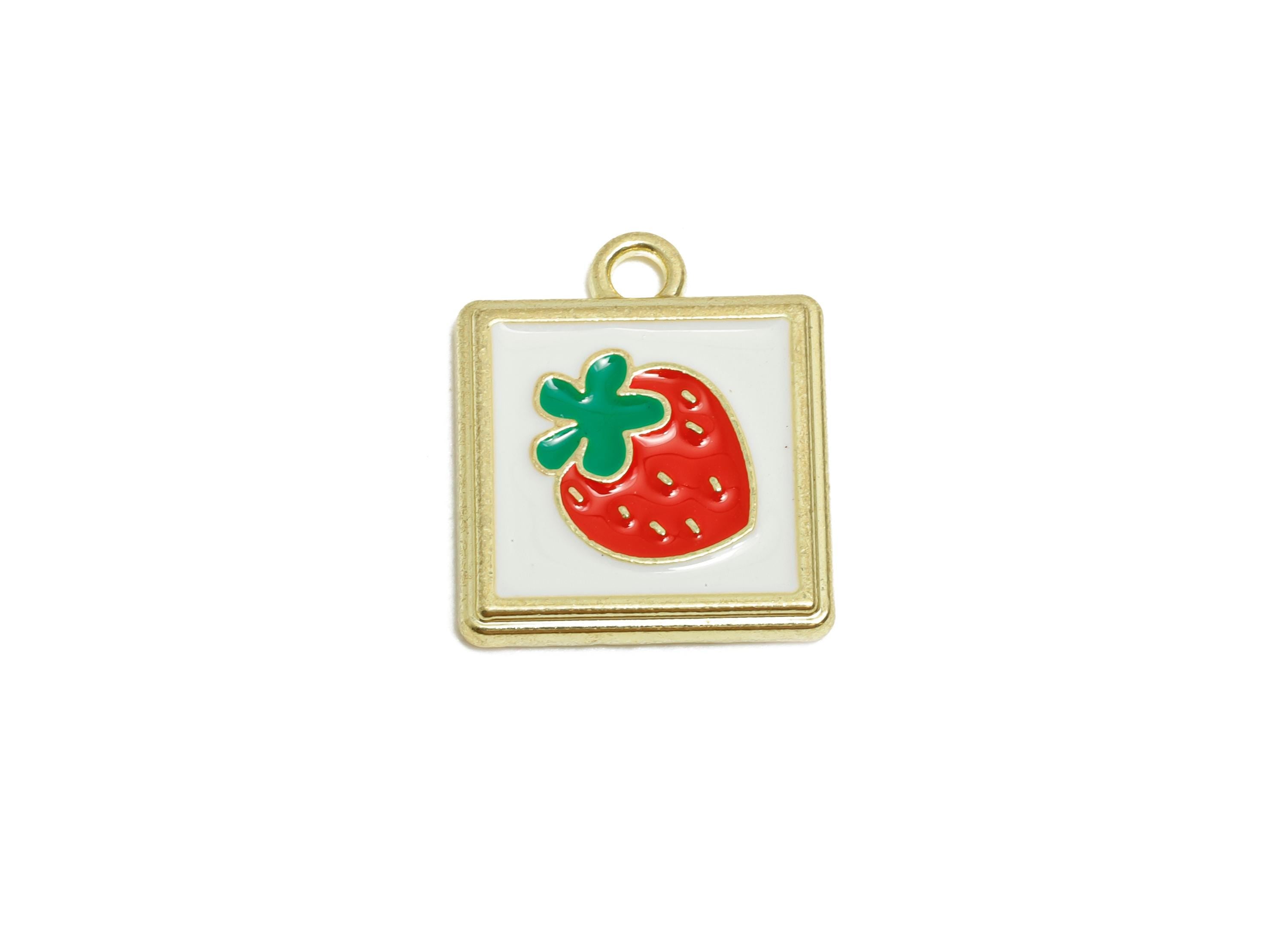 Alloy Strawberry Square Charm - Cute Enamel Fruit Pendant - Enamel Jewelry Supply - Metal Craft Making - KC Gold Plated - 18x15x2mm - AC3574