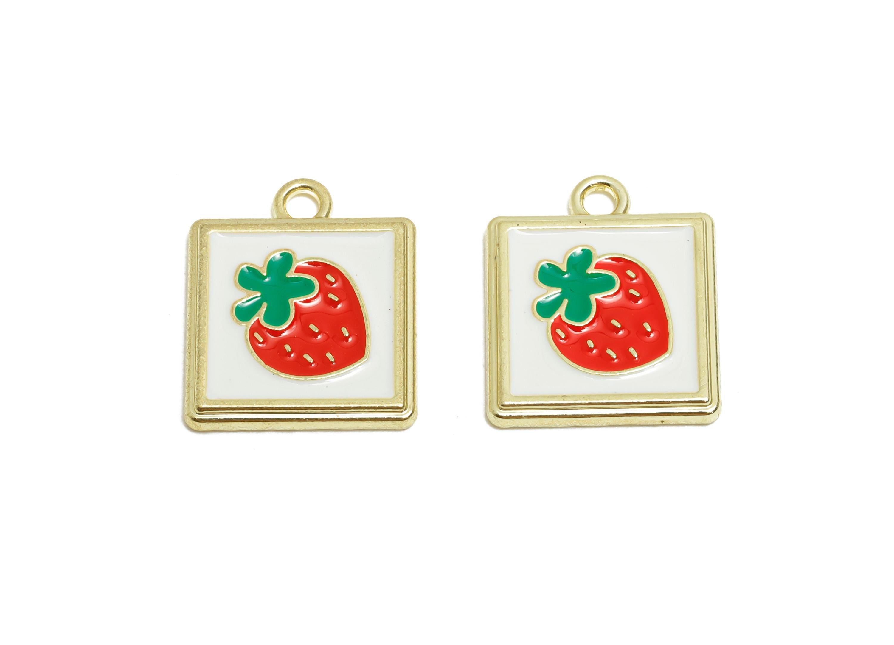 Alloy Strawberry Square Charm - Cute Enamel Fruit Pendant - Enamel Jewelry Supply - Metal Craft Making - KC Gold Plated - 18x15x2mm - AC3574