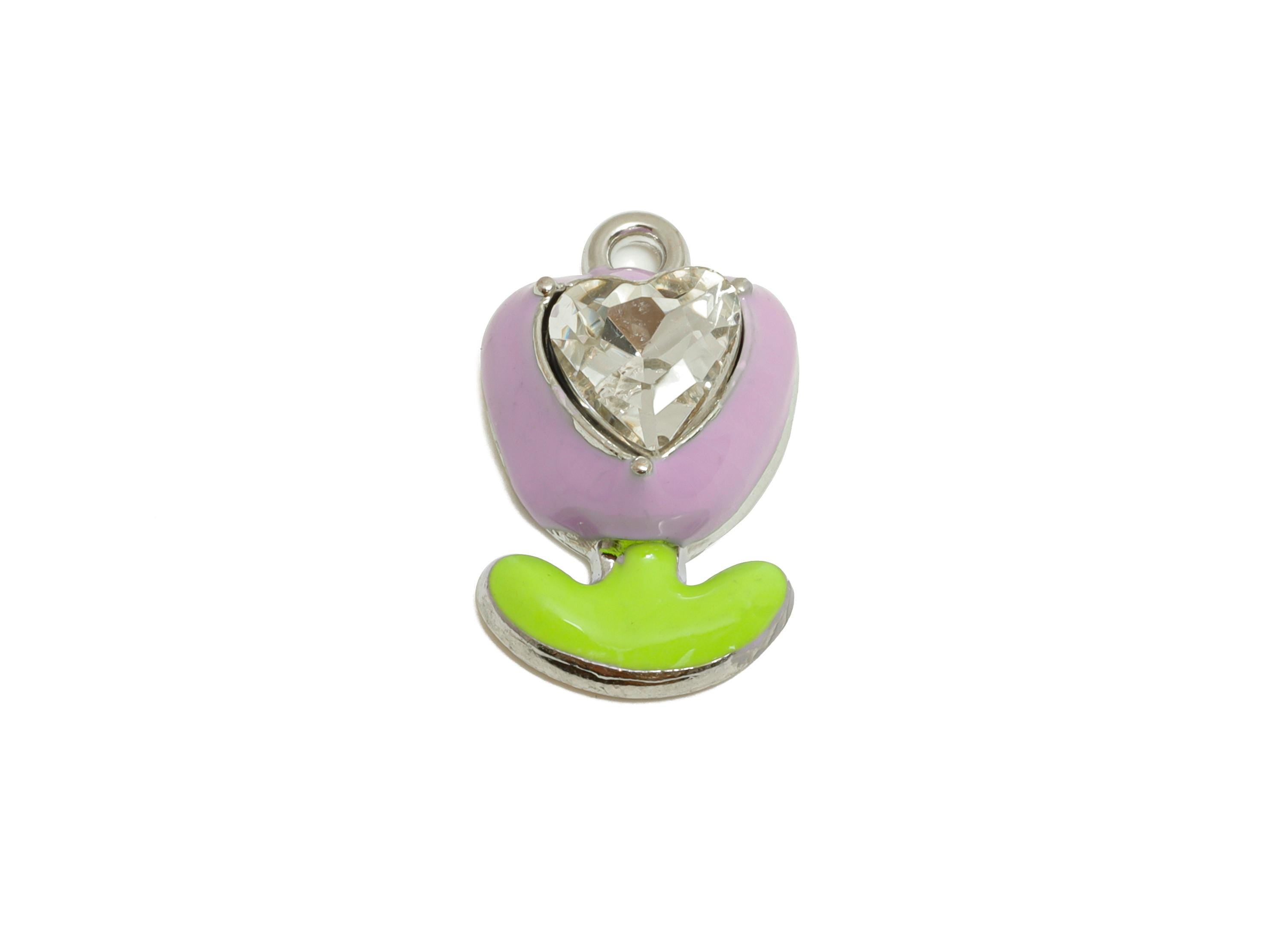 Alloy Heart Crystal Flower Charm - Purple Enamel Flower Pendant - Modern Kawaii Flower - Trendy Craft Jewelry Making - 17.43x9x5mm - AC3565