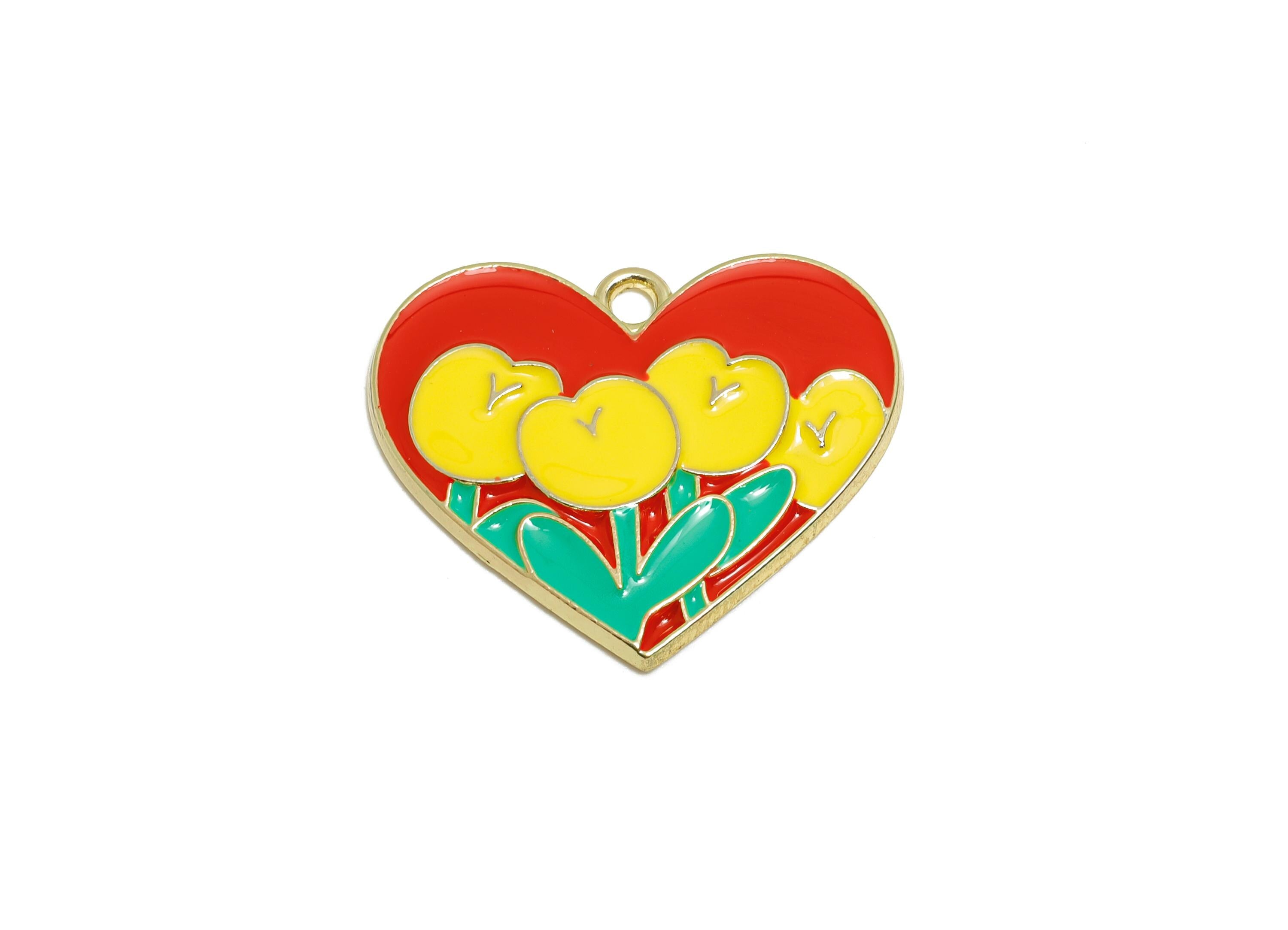 Alloy Enamel Flower Pendant - Colorful Heart Tulip Jewelry Design - Multicolor Enamel Component - DIY Craft Making - 25x21x2mm - AC3549