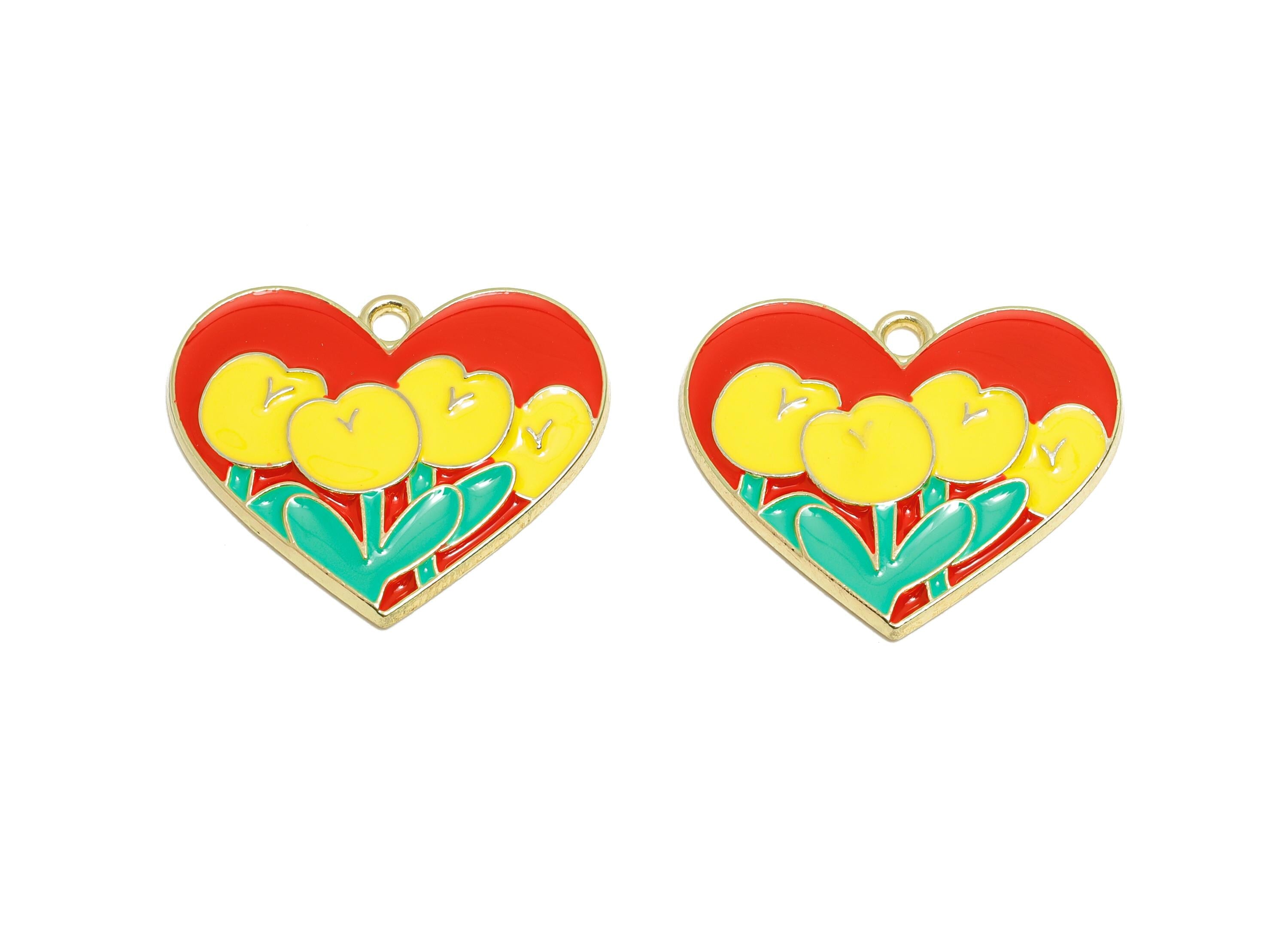 Alloy Enamel Flower Pendant - Colorful Heart Tulip Jewelry Design - Multicolor Enamel Component - DIY Craft Making - 25x21x2mm - AC3549