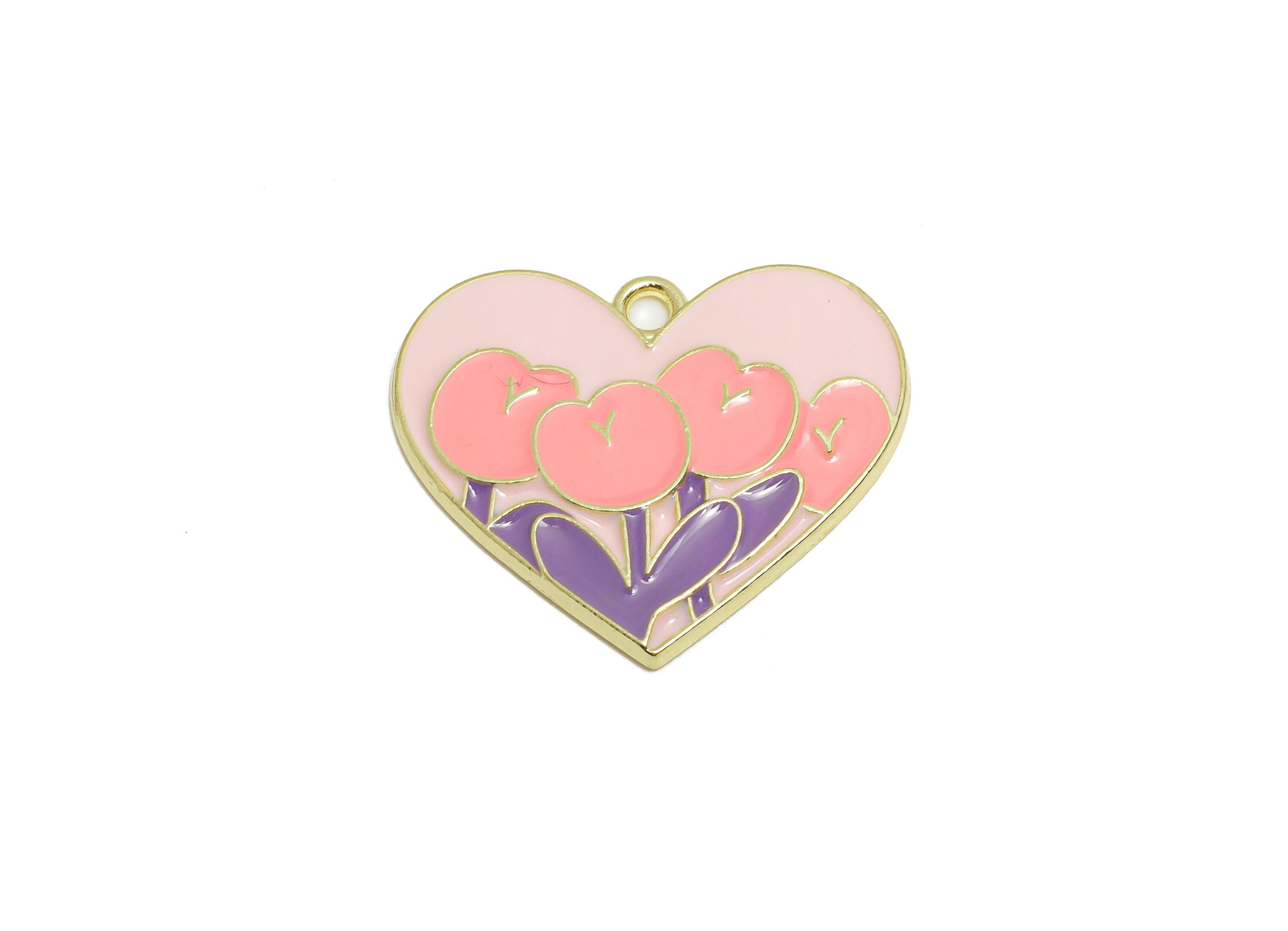 Alloy Enamel Flower Pendant - Colorful Heart Pink Tulip Jewelry Design - Multicolor Enamel Component - DIY Craft Making - 25x21x2mm - AC3548