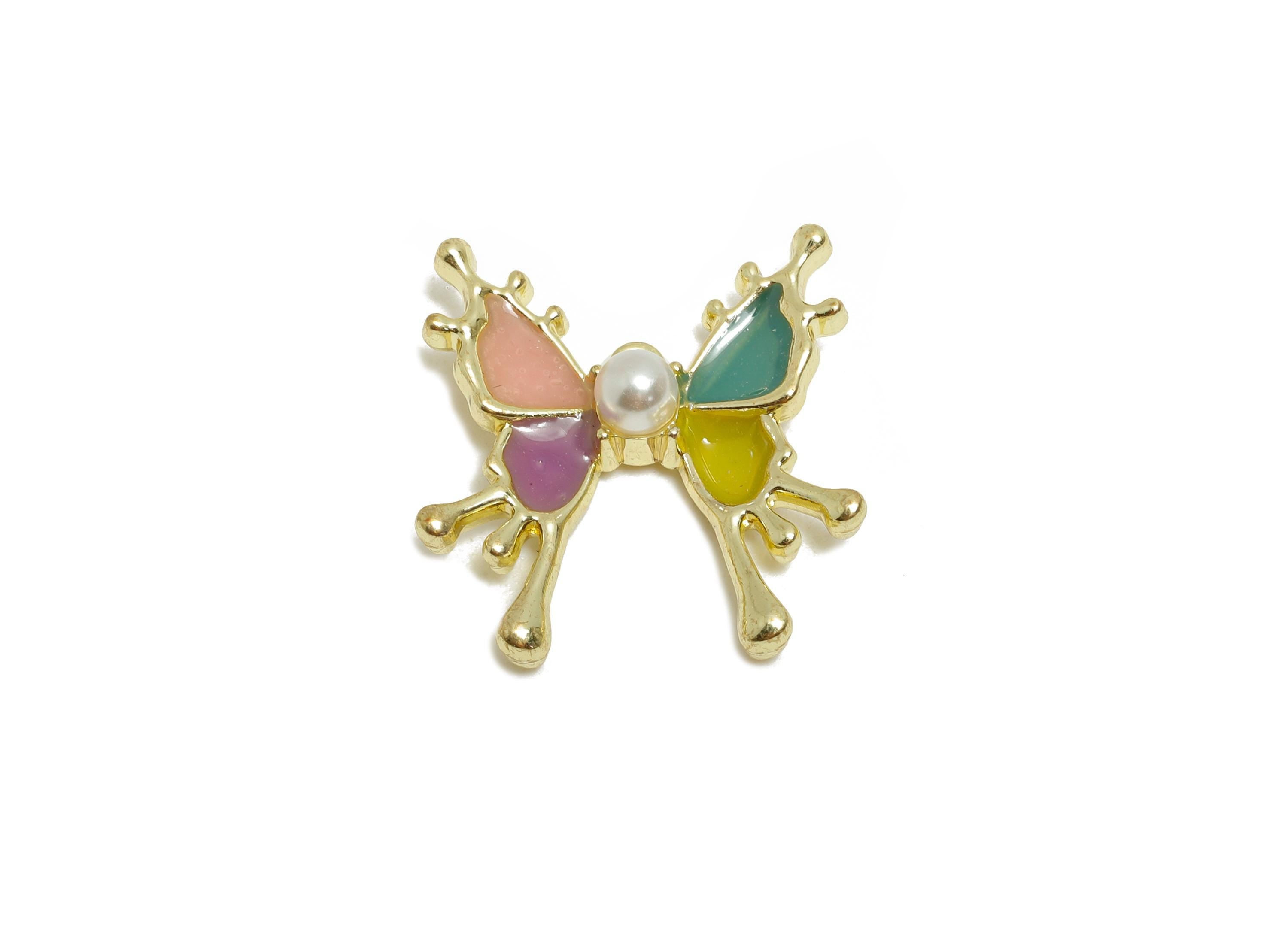 Alloy Enamel Butterfly Pendant - Rainbow ABS Imitation Pearls Wing Jewelry - Whimsical Craft Supply - KC Gold Plating - 22x21x6mm - AC3551