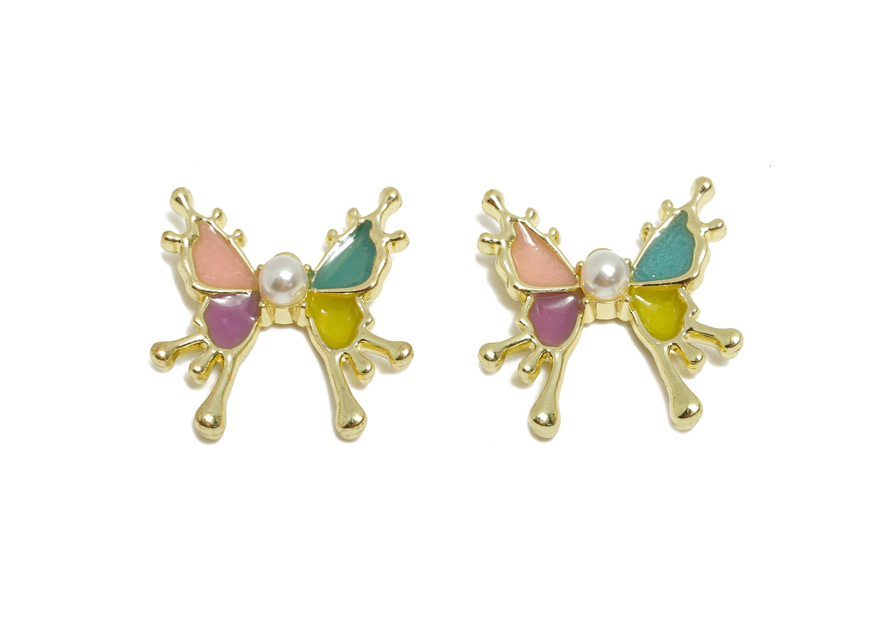 Alloy Enamel Butterfly Pendant - Rainbow ABS Imitation Pearls Wing Jewelry - Whimsical Craft Supply - KC Gold Plating - 22x21x6mm - AC3551