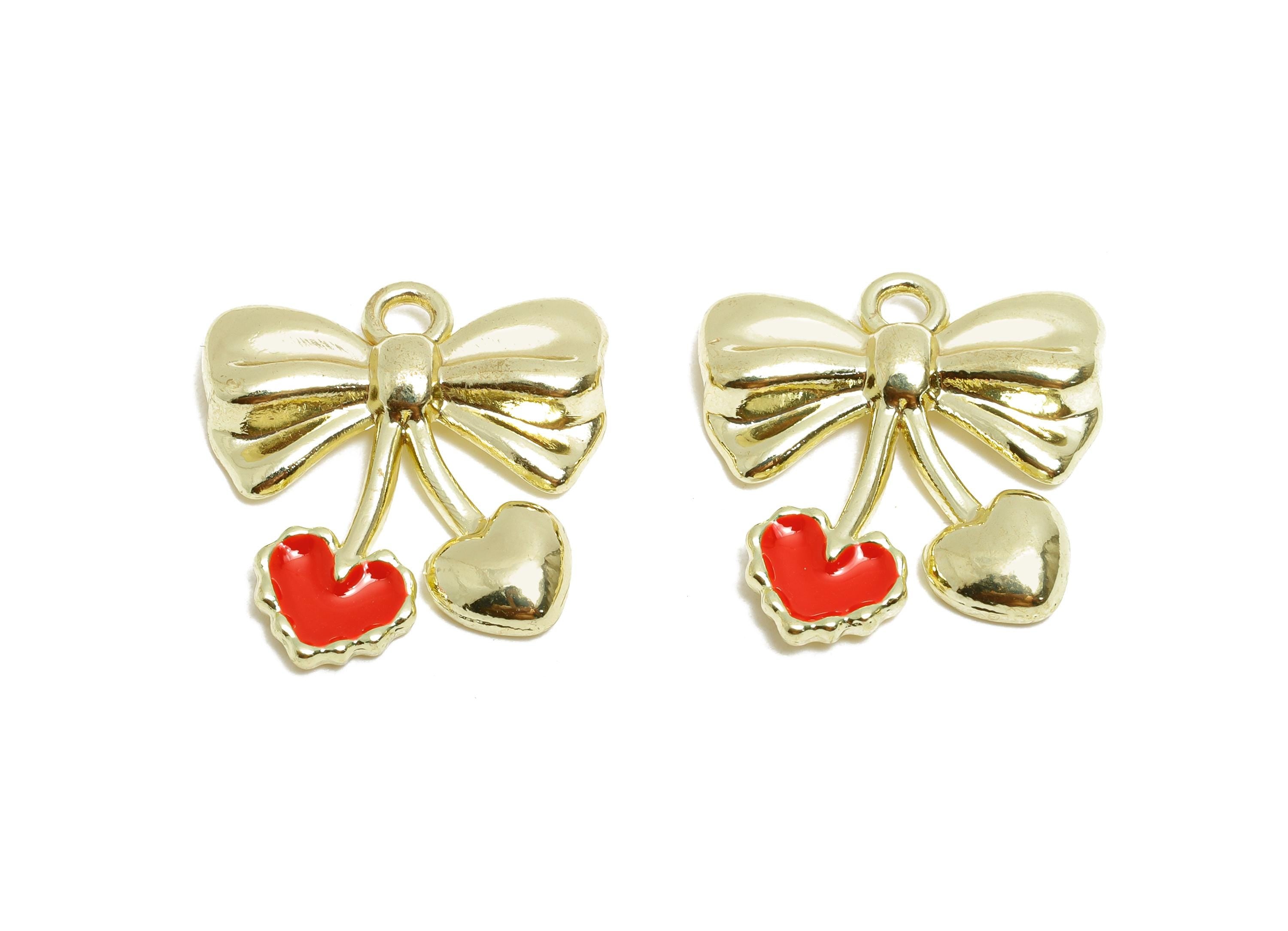 Alloy Enamel Red Bow Heart Charm - Red Enamel Heart Charm -Cute Valentine Butterfly Bow For Necklace - DIY Craft Making - 19x21x2mm - AC3550