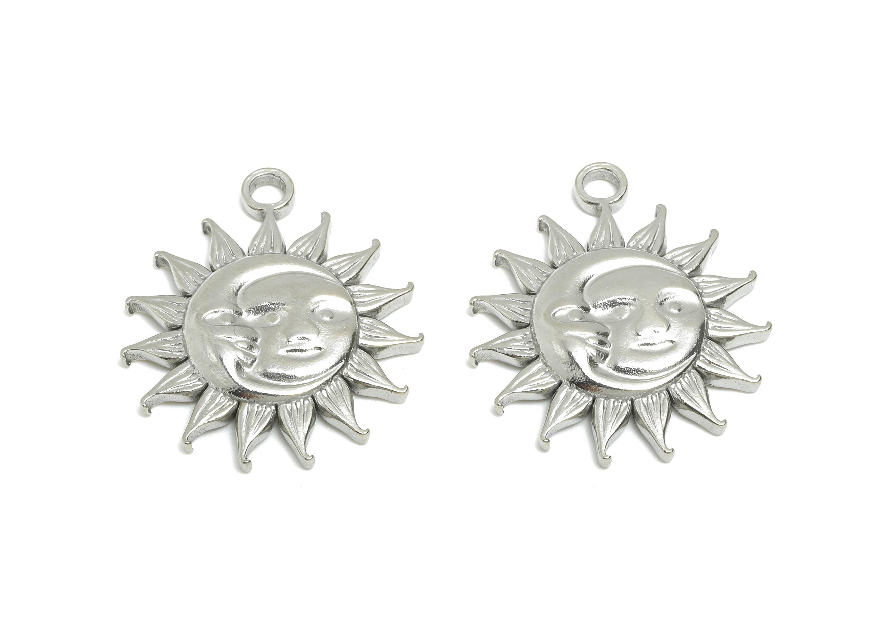 Steel Sun Moon Face Pendant - Radiant Sun Charm for Necklace - Vintage Solar Energy Symbol Charm - Steel Jewelry - 29.5x25.4x3.6mm - SS2354 - DOMEDBAZAAR