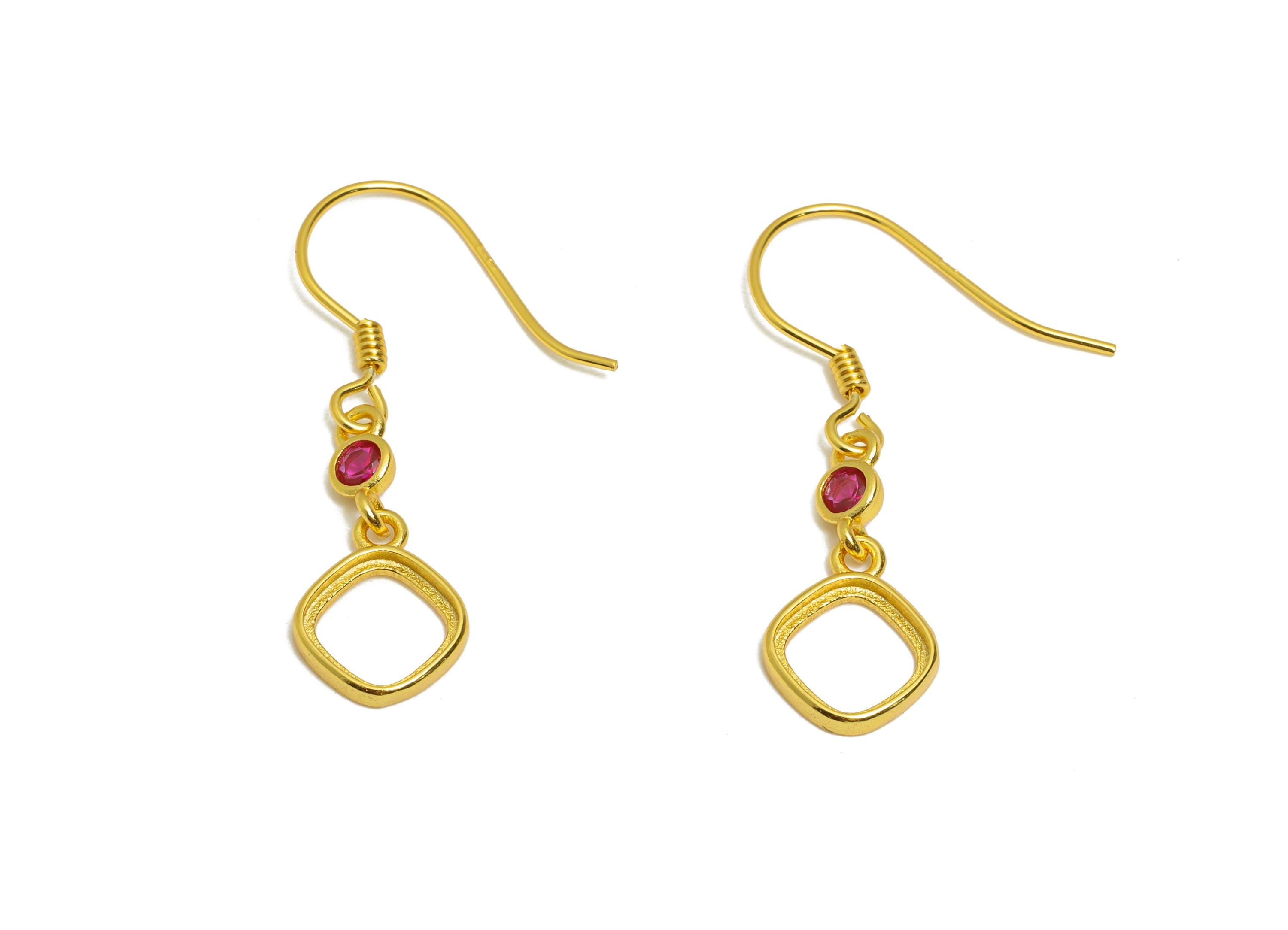 6mm Dangle Ear Hook Setting - 925 Sterling Silver with Zircon - Square Geometric Ear Hook for Gem - 18K Real Gold Plated - 28x8x1mm - SI1054