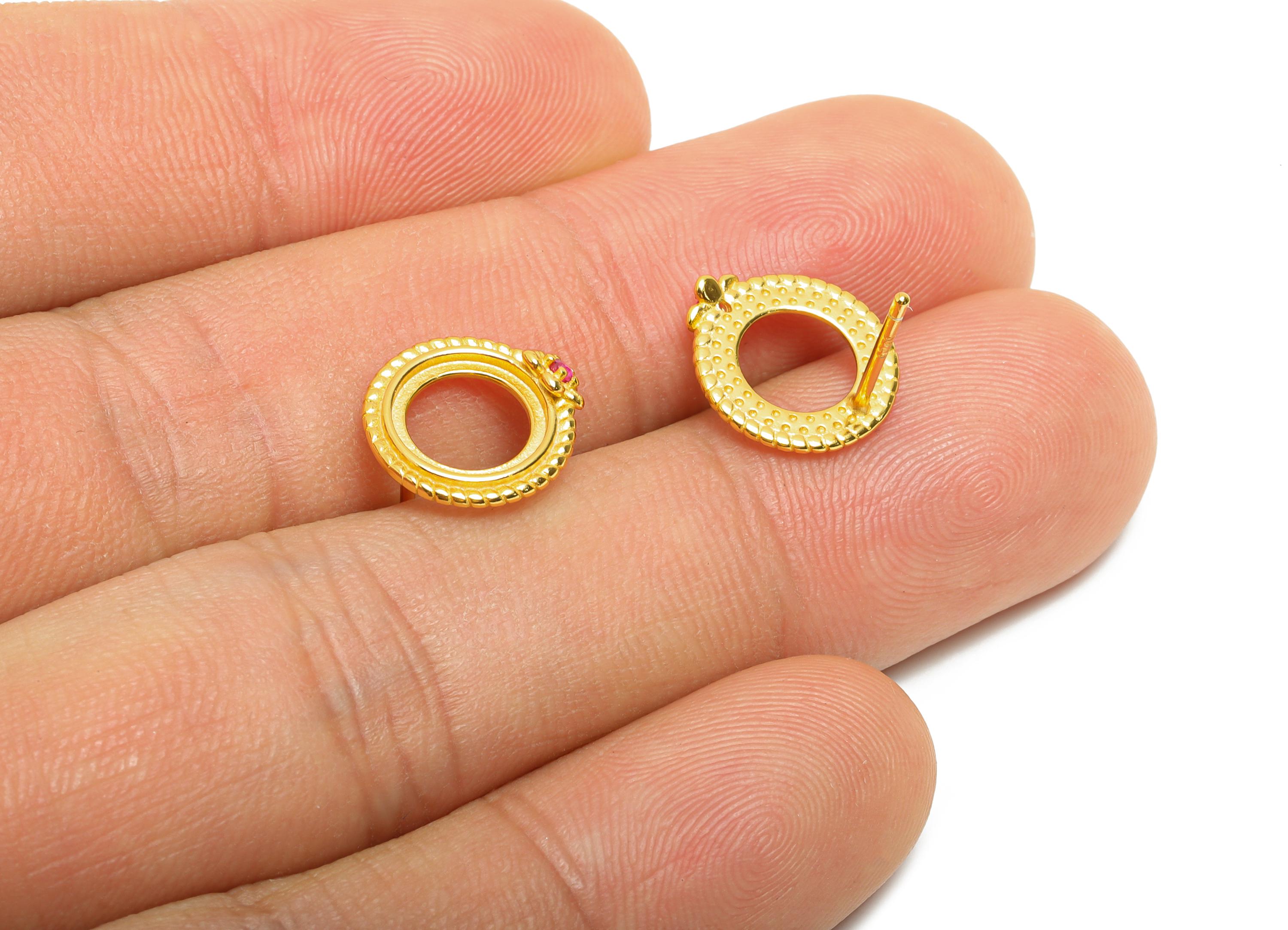 8mm Round Earring Setting - 925 Sterling Silver Post with Zircon - Vintage Cabochon Mount Earring for Gem - 18K Real Gold Plated - SI1061 - DOMEDBAZAAR