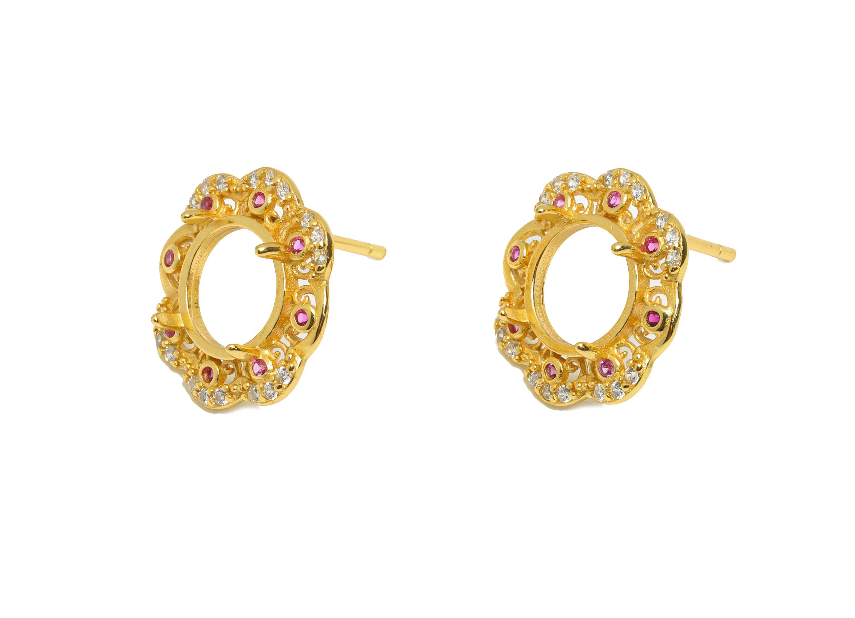 8mm Round Earring Setting - 925 Sterling Silver Flower Post with Zircon - Sparkling Stud Base - 18K Real Gold Plated - 14x14x3.8mm - SI1057