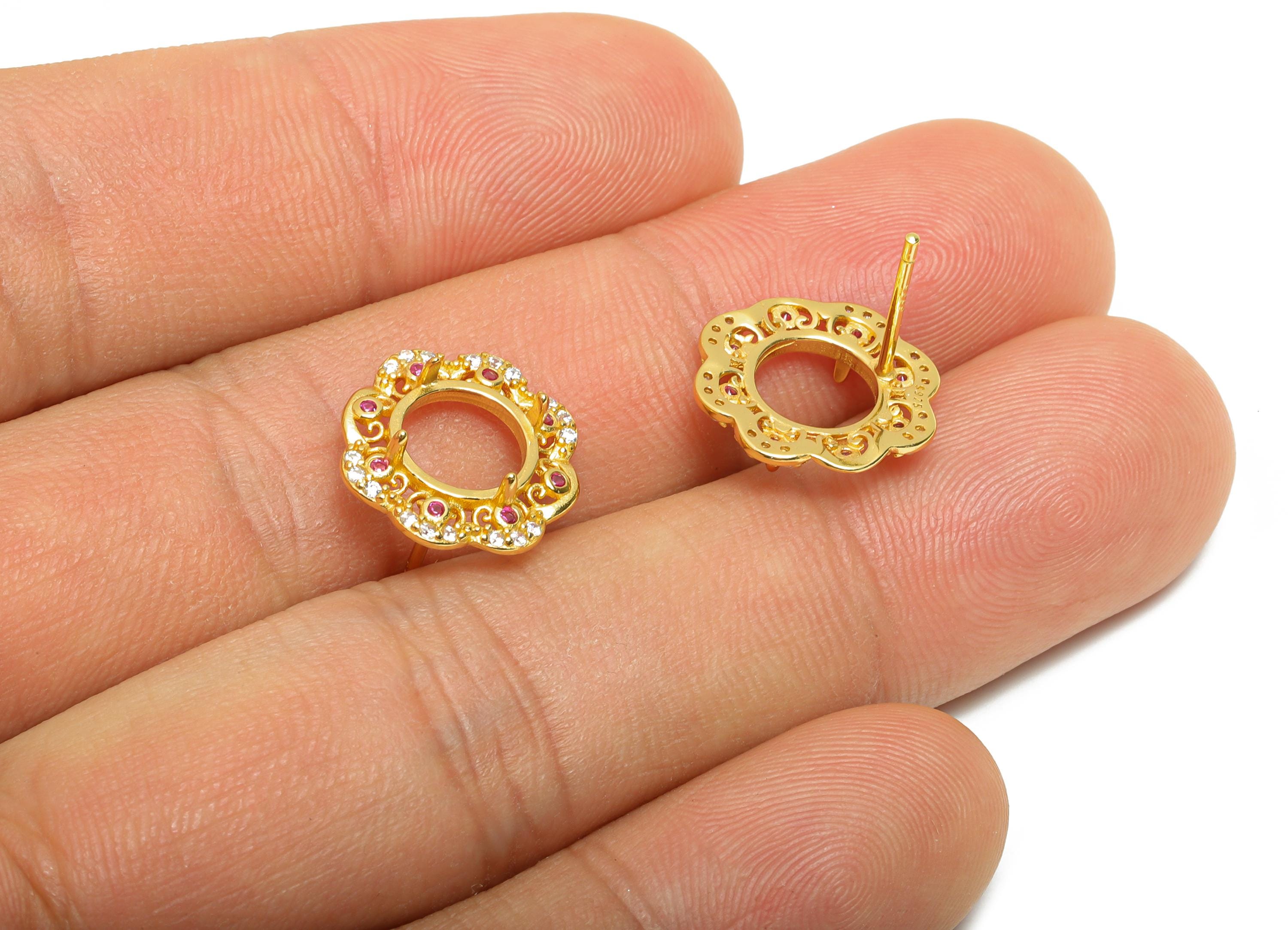 8mm Round Earring Setting - 925 Sterling Silver Flower Post with Zircon - Sparkling Stud Base - 18K Real Gold Plated - 14x14x3.8mm - SI1057 - DOMEDBAZAAR