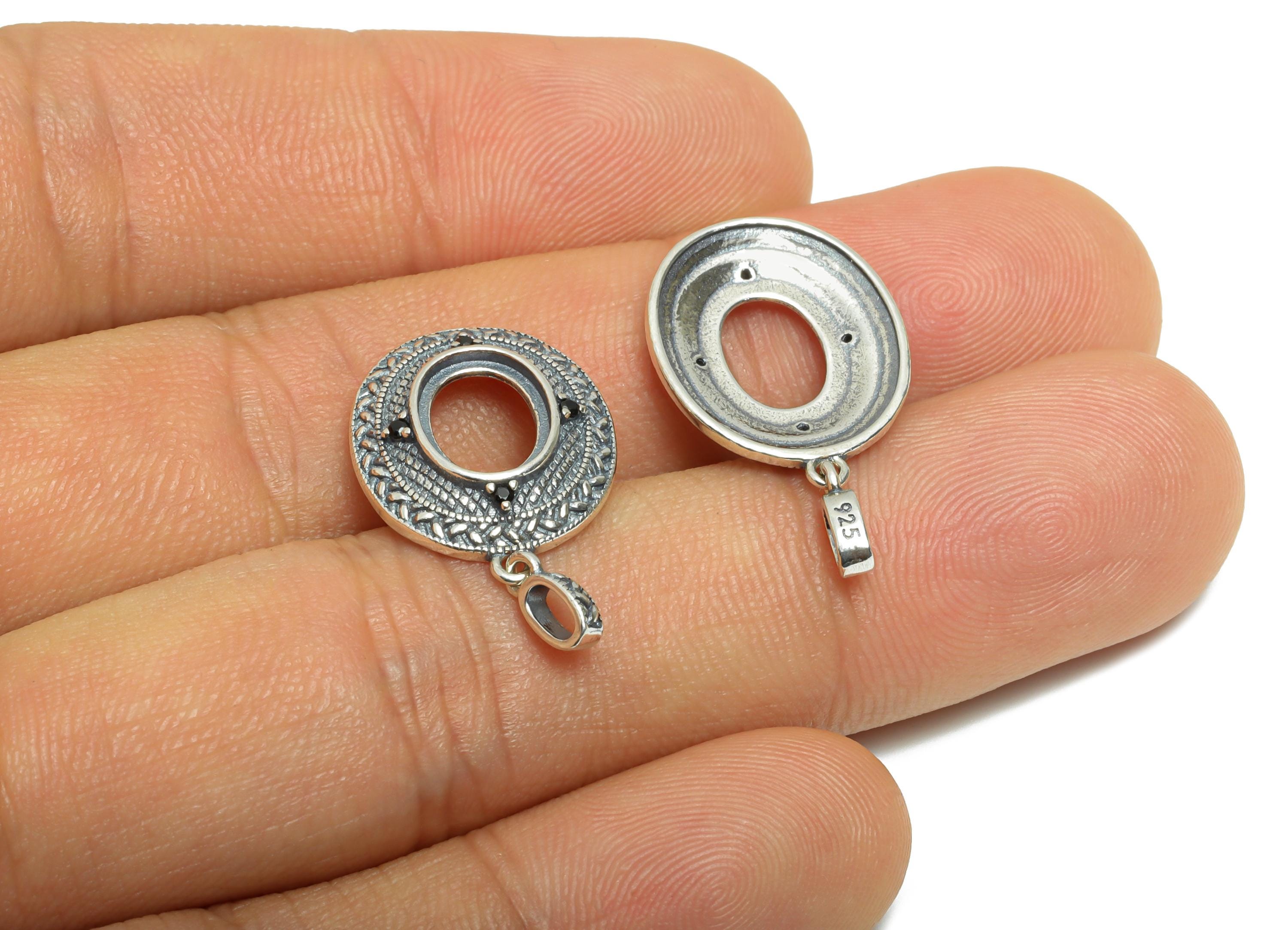 7*9mm Oval Cabochon Pendant Setting - Textured Oval Pendant Blank with Zircon - Vintage Necklace Pendant Setting -925 Sterling Silver-SI1023 - DOMEDBAZAAR