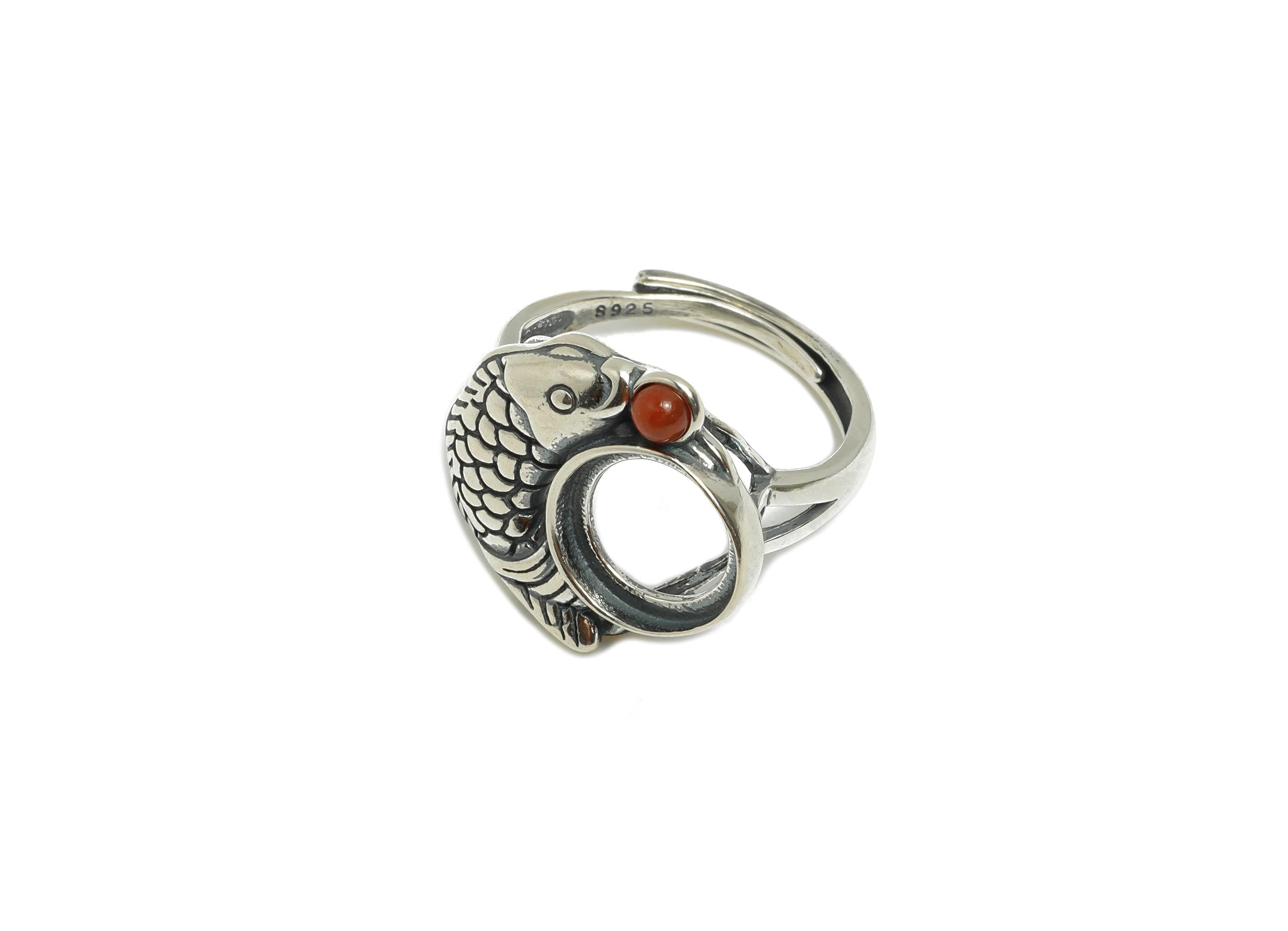 10mm Fish Cabochon Ring - Adjustable Ring Base - 925 Sterling Silver Ring Setting - Natural Stone Ring Blank - Custom Ring For Bead - SI1102