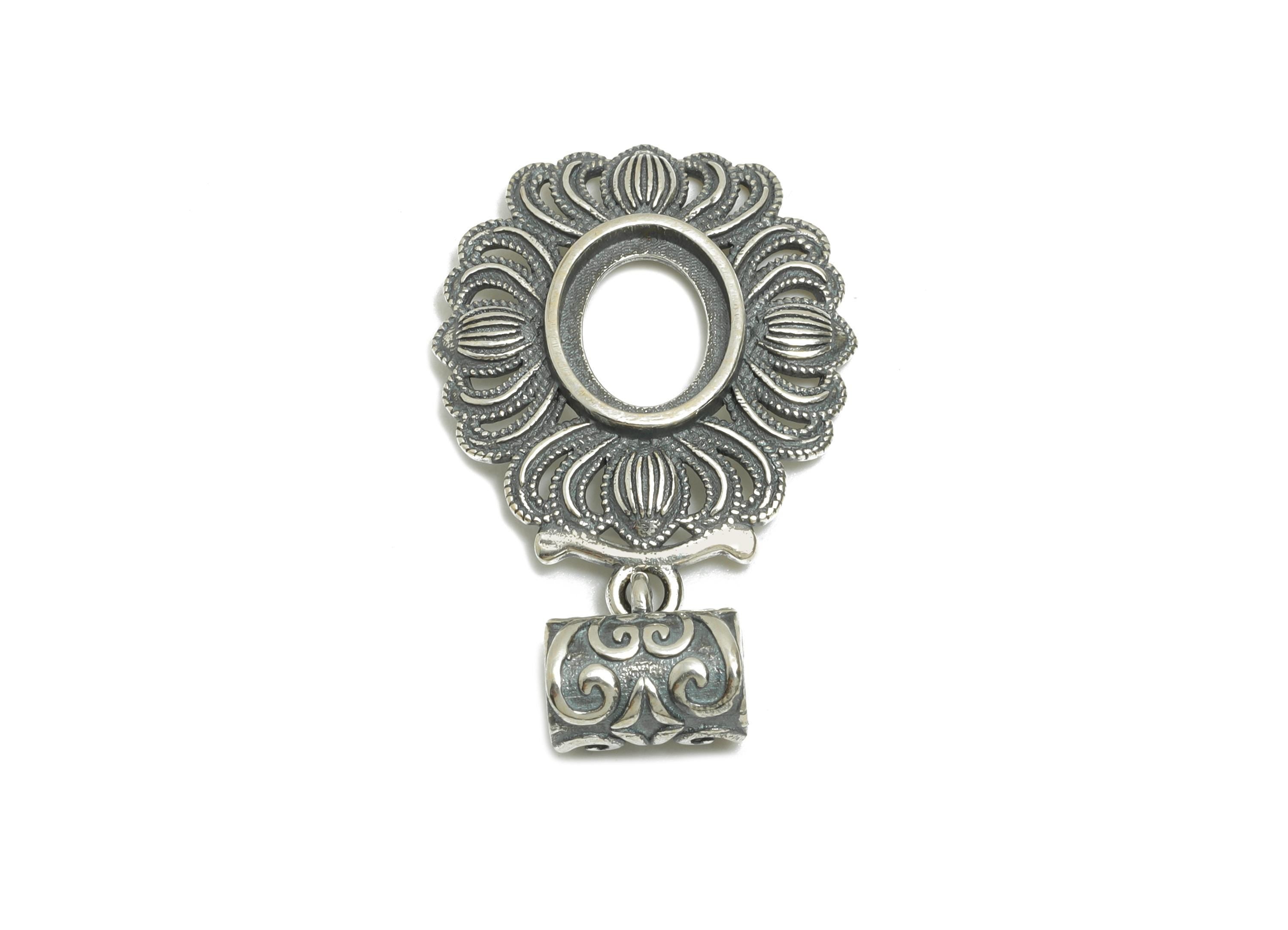 7*9mm Oval Cabochon Pendant Setting - Vintage Filigree Pendant Frame - Flower Necklace Pendant Setting for Gem - 925 Sterling Silver -SI1024