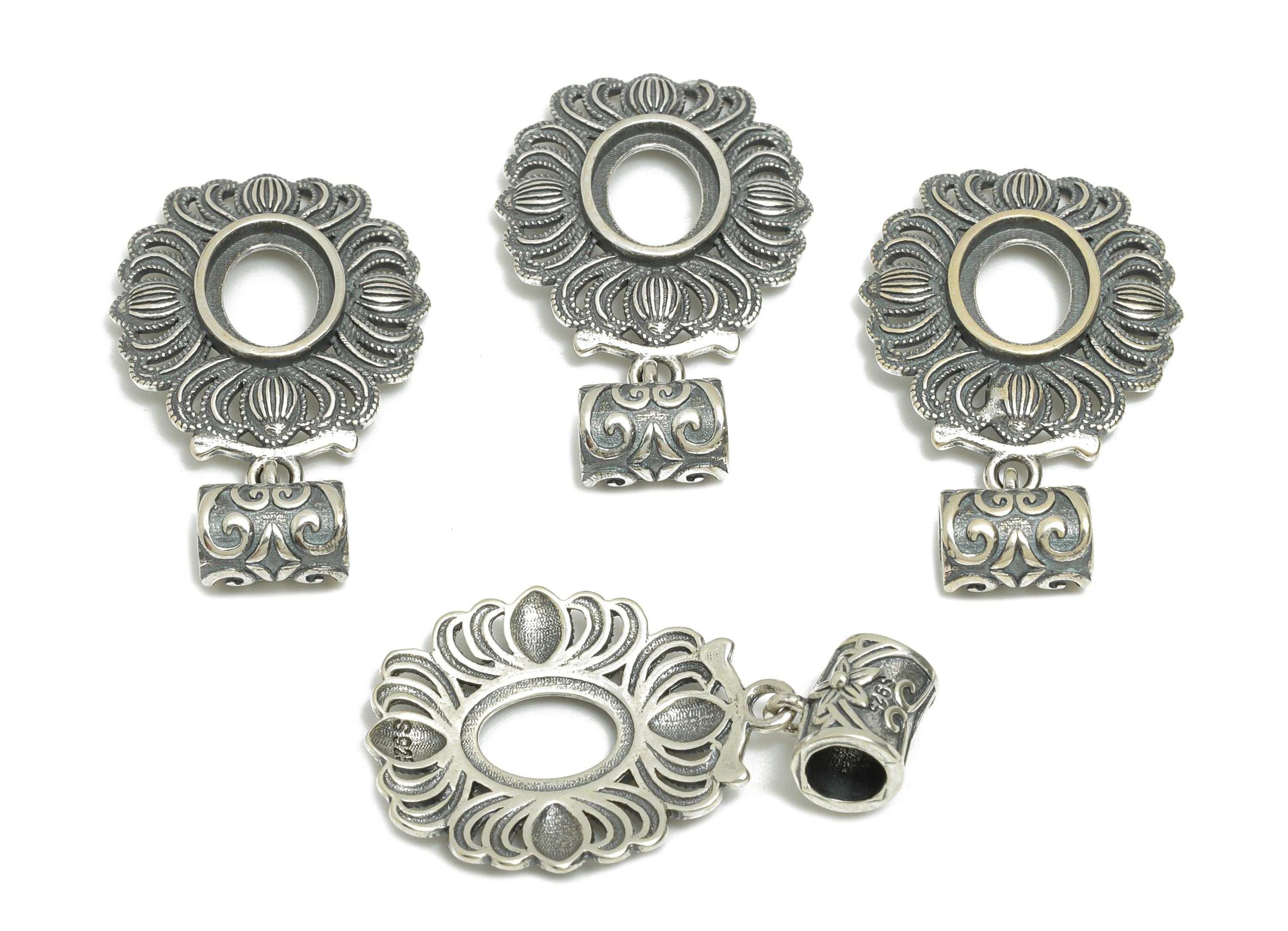 7*9mm Oval Cabochon Pendant Setting - Vintage Filigree Pendant Frame - Flower Necklace Pendant Setting for Gem - 925 Sterling Silver -SI1024 - DOMEDBAZAAR