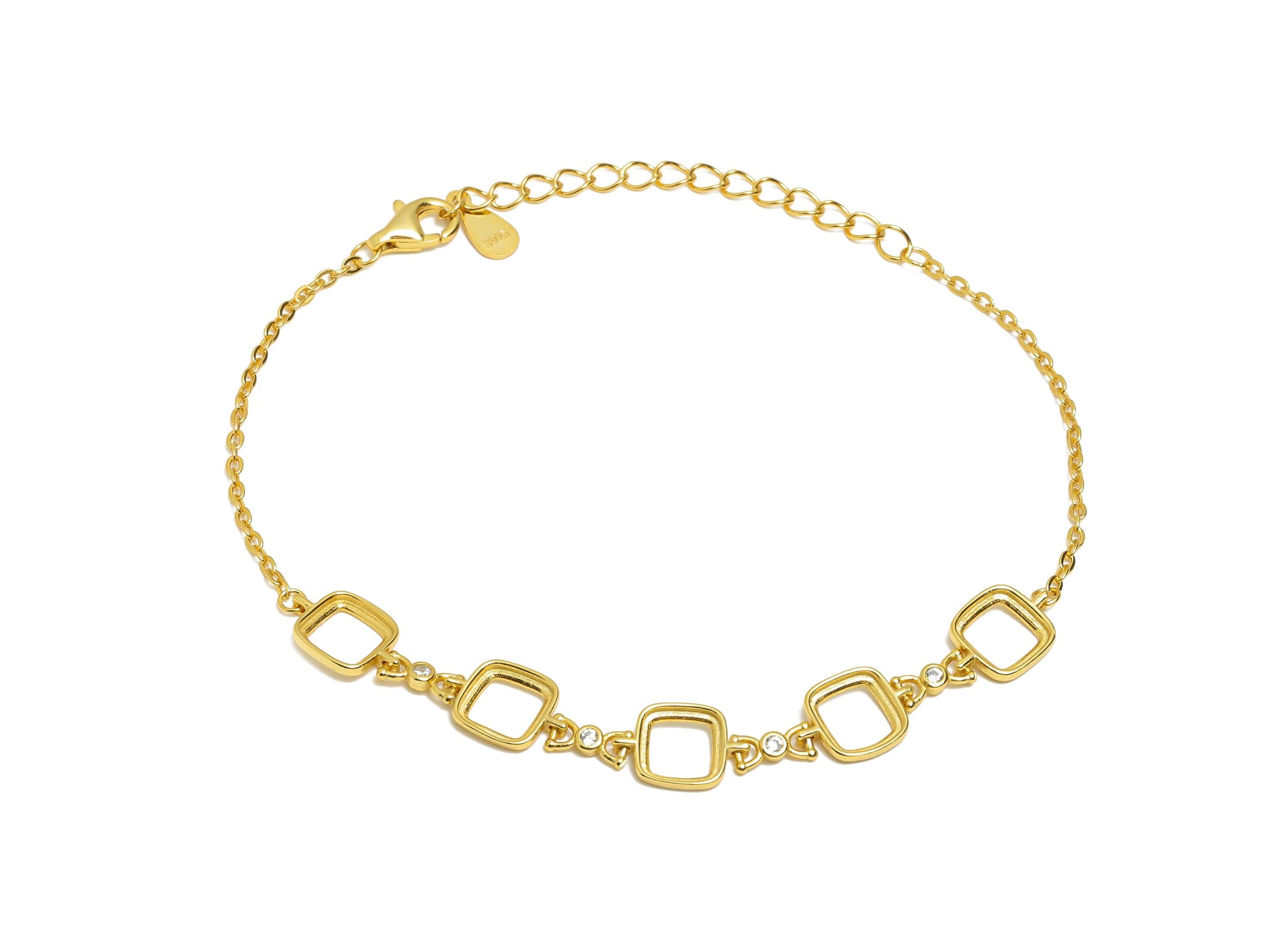 6mm Square Cabochon Link Bracelet - 20+4cm Adjustable Chain Bracelet Setting - 925 Sterling Silver CZ Bracelet - 18K Gold Plated - SI1049 - DOMEDBAZAAR