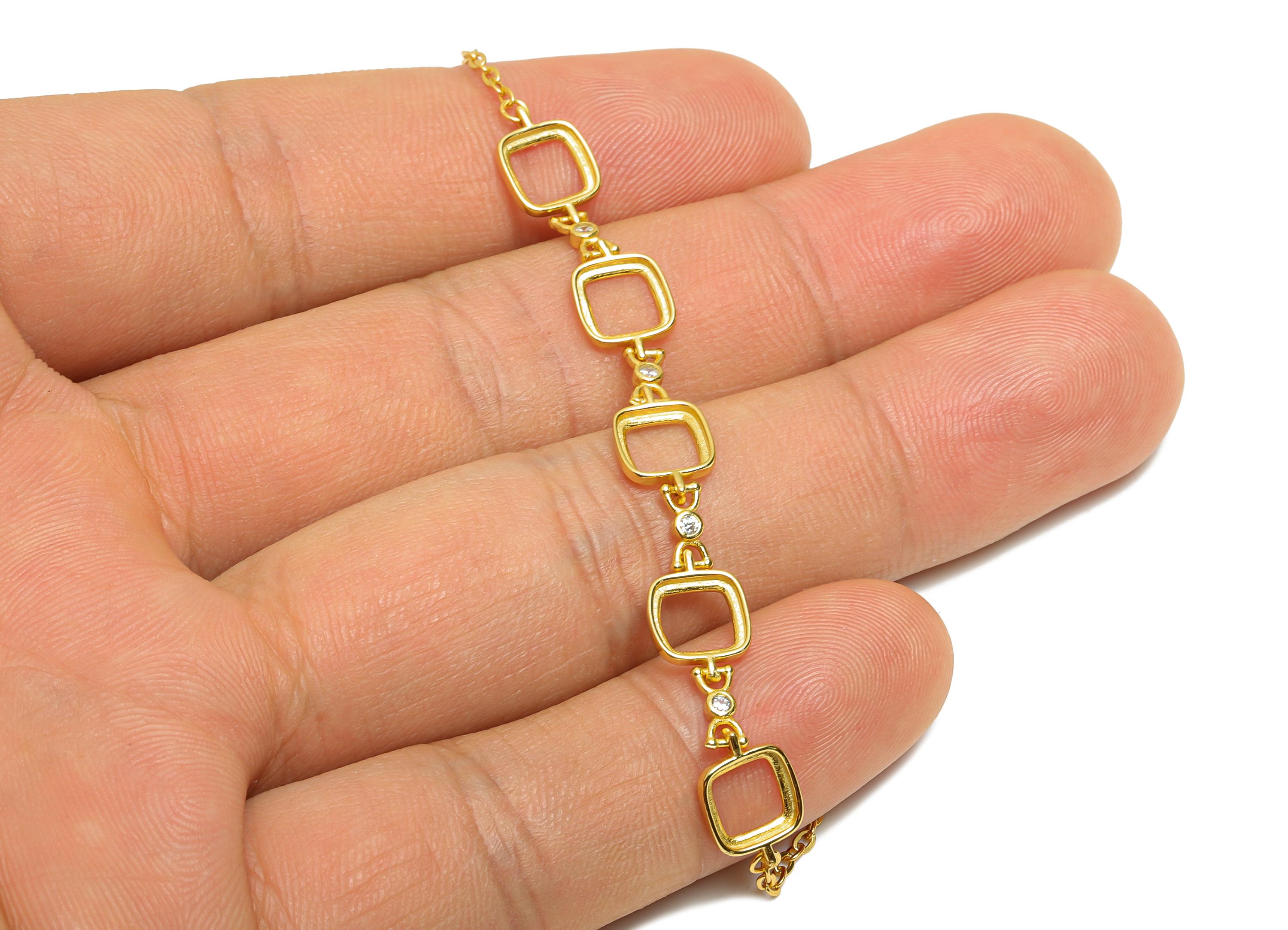 6mm Square Cabochon Link Bracelet - 20+4cm Adjustable Chain Bracelet Setting - 925 Sterling Silver CZ Bracelet - 18K Gold Plated - SI1049 - DOMEDBAZAAR