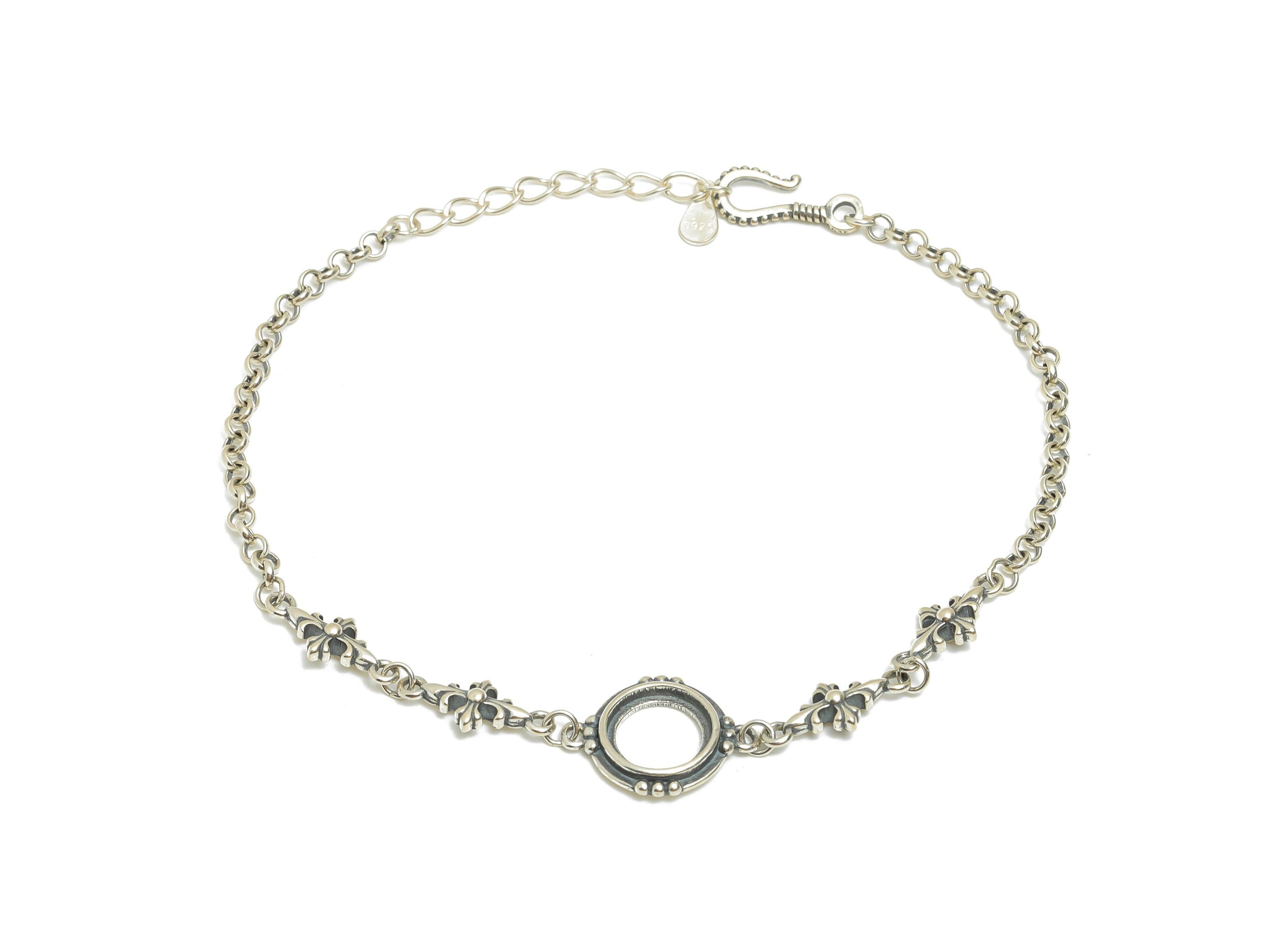 7mm Round Cabochon Link Bracelet - 20+4cm Adjustable Chain Bracelet Setting - Vintage 925 Sterling Silver Rhodium Plating Bracelet - SI1030 - DOMEDBAZAAR